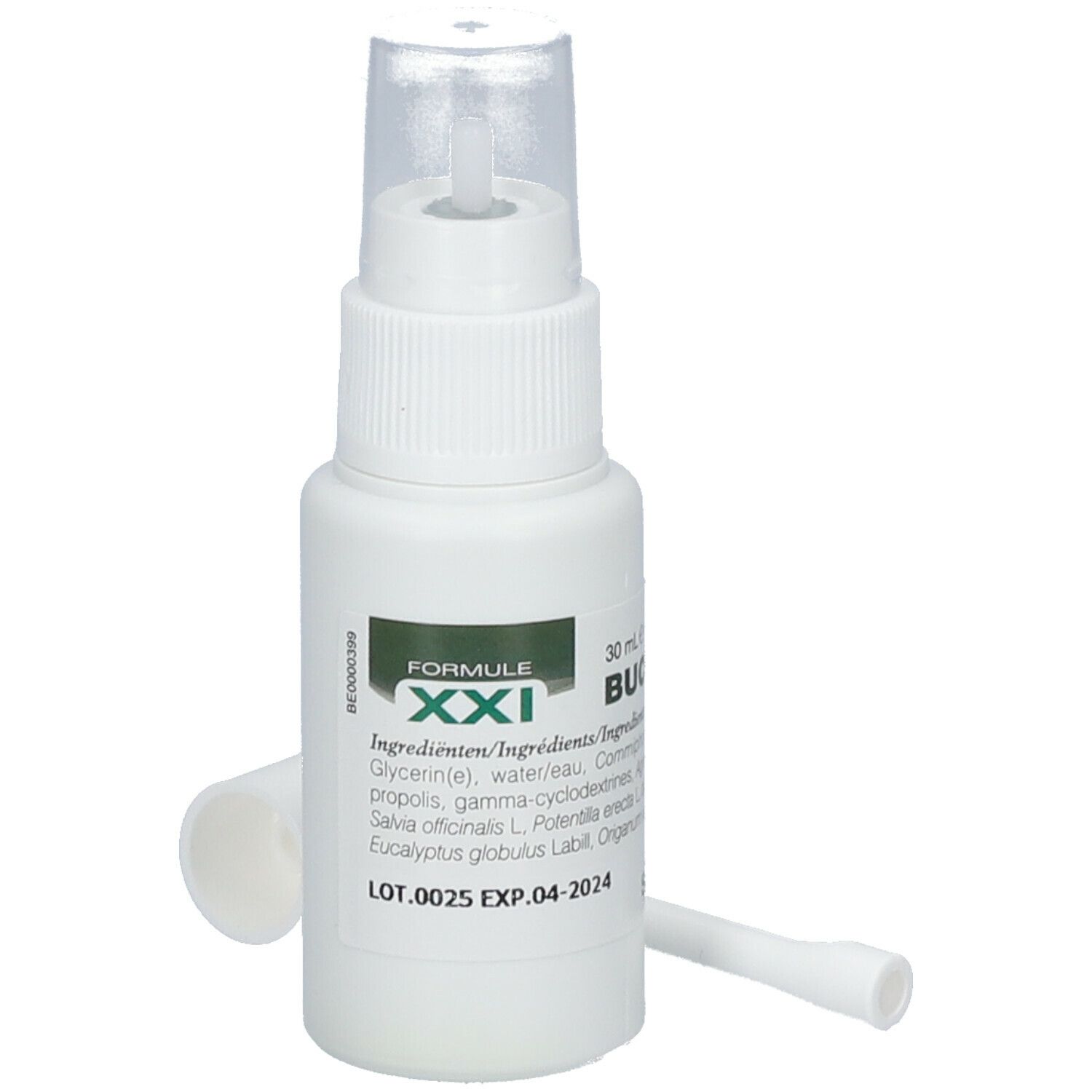 Flacon spray blanc avec embout buccal. Inscription Buccosor Spray, 30 ml. Avec applicateur séparé. Formule XXI.