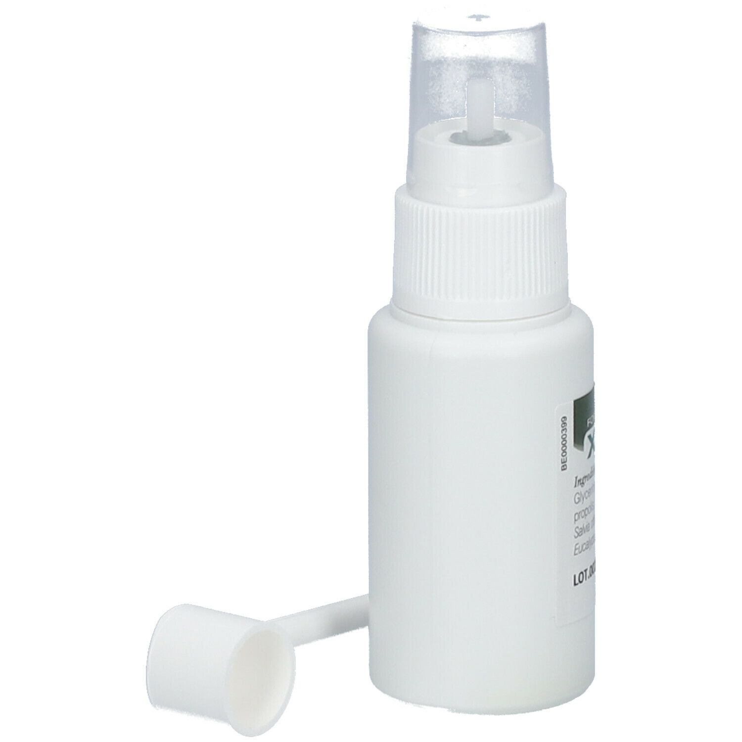 Flacon spray blanc avec embout buccal et applicateur séparé. Inscription illisible. Bouteille debout.