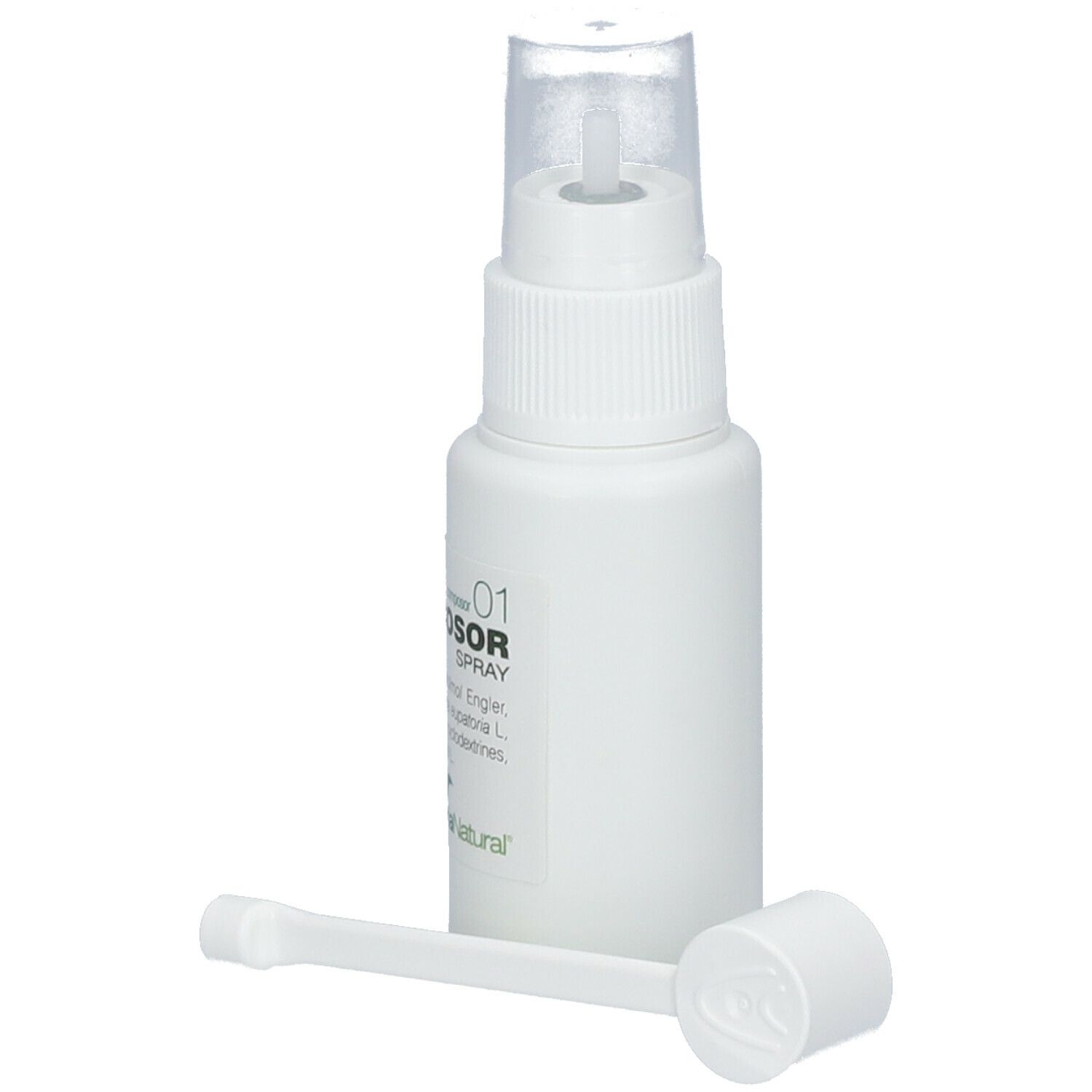 Flacon spray blanc avec embout buccal et applicateur séparé. Inscription Buccosor Spray, 30 ml. Marque Soria Natural.