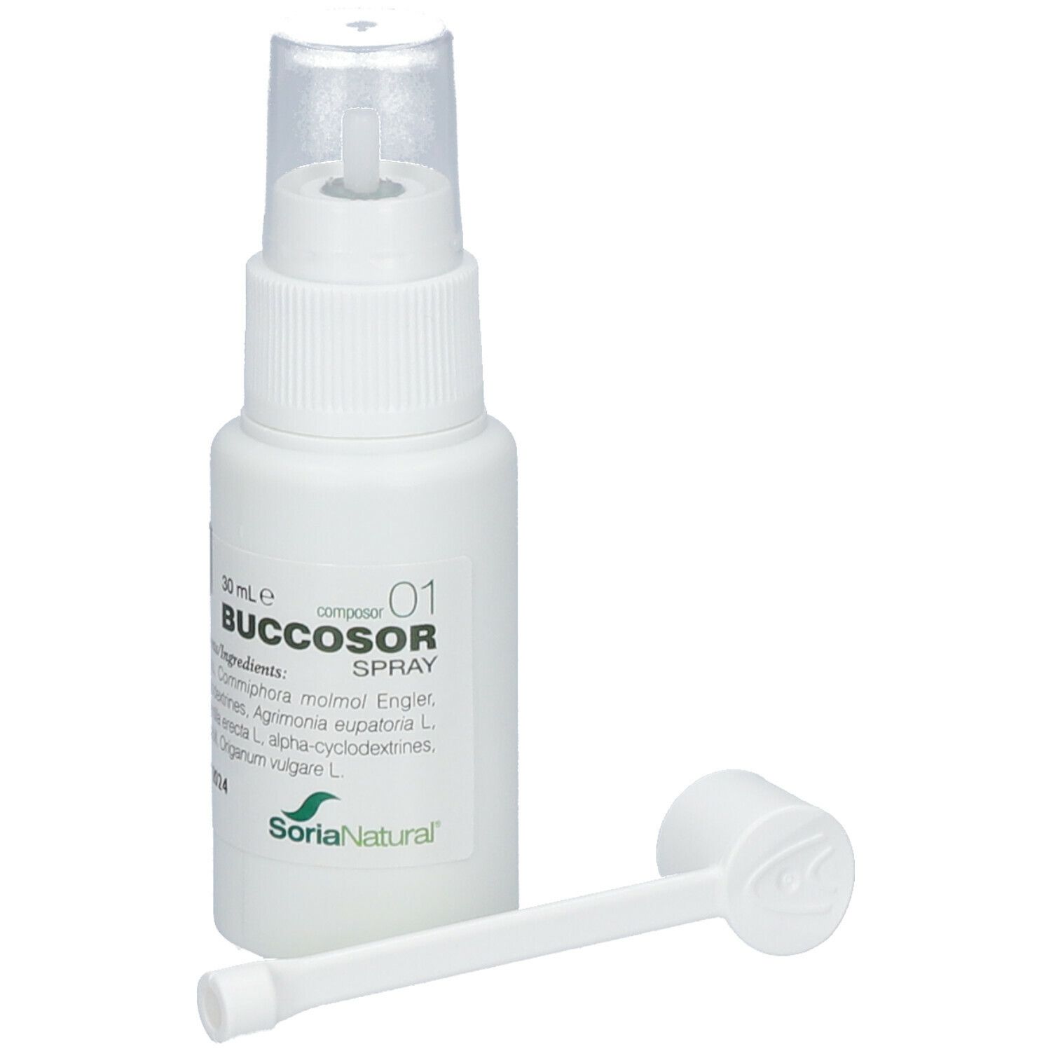 Flacon spray blanc avec embout buccal et applicateur séparé. Inscription Buccosor Spray, 30 ml. Marque Soria Natural.