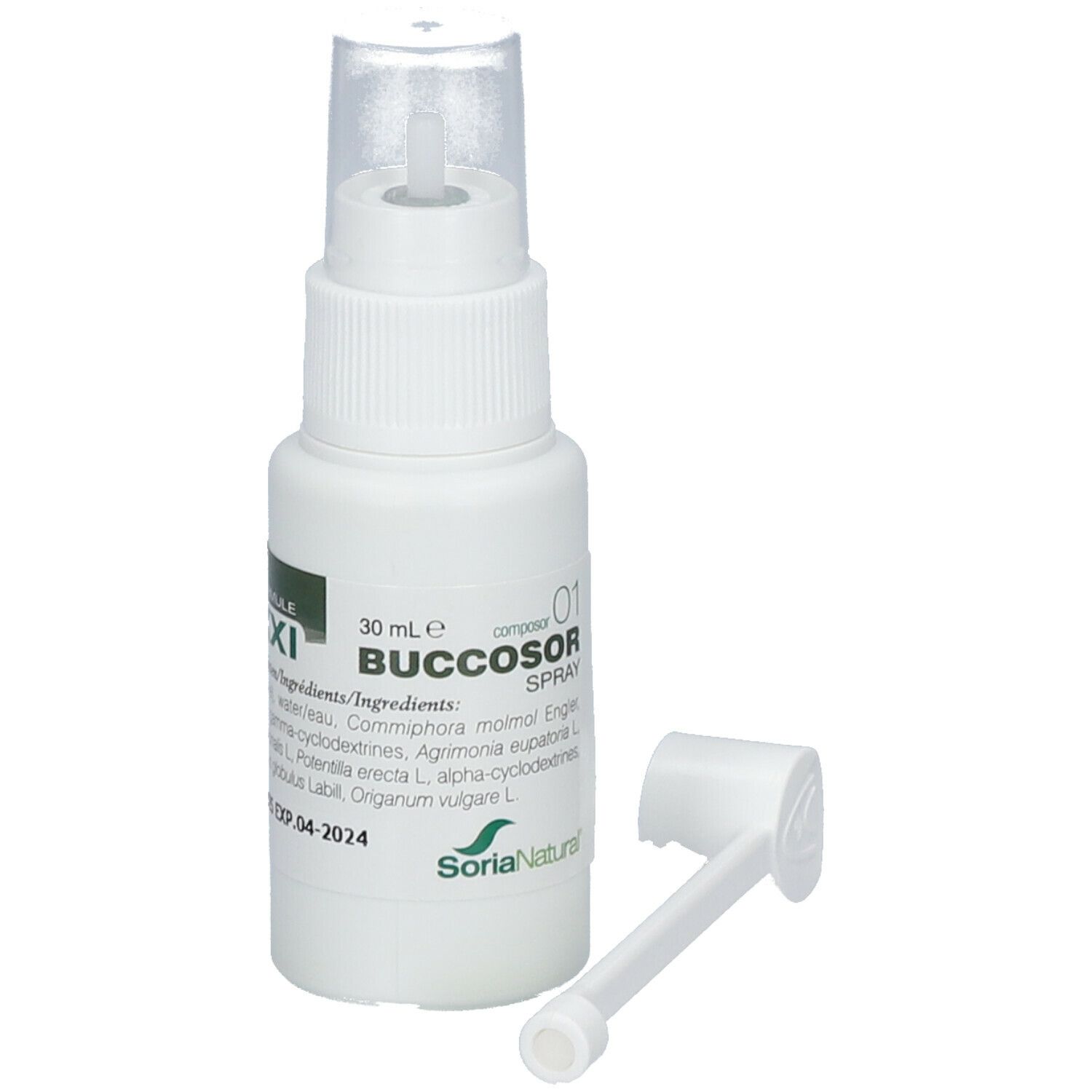 Flacon spray blanc avec embout buccal et applicateur séparé. Inscription Buccosor Spray, 30 ml. Formule XXI.