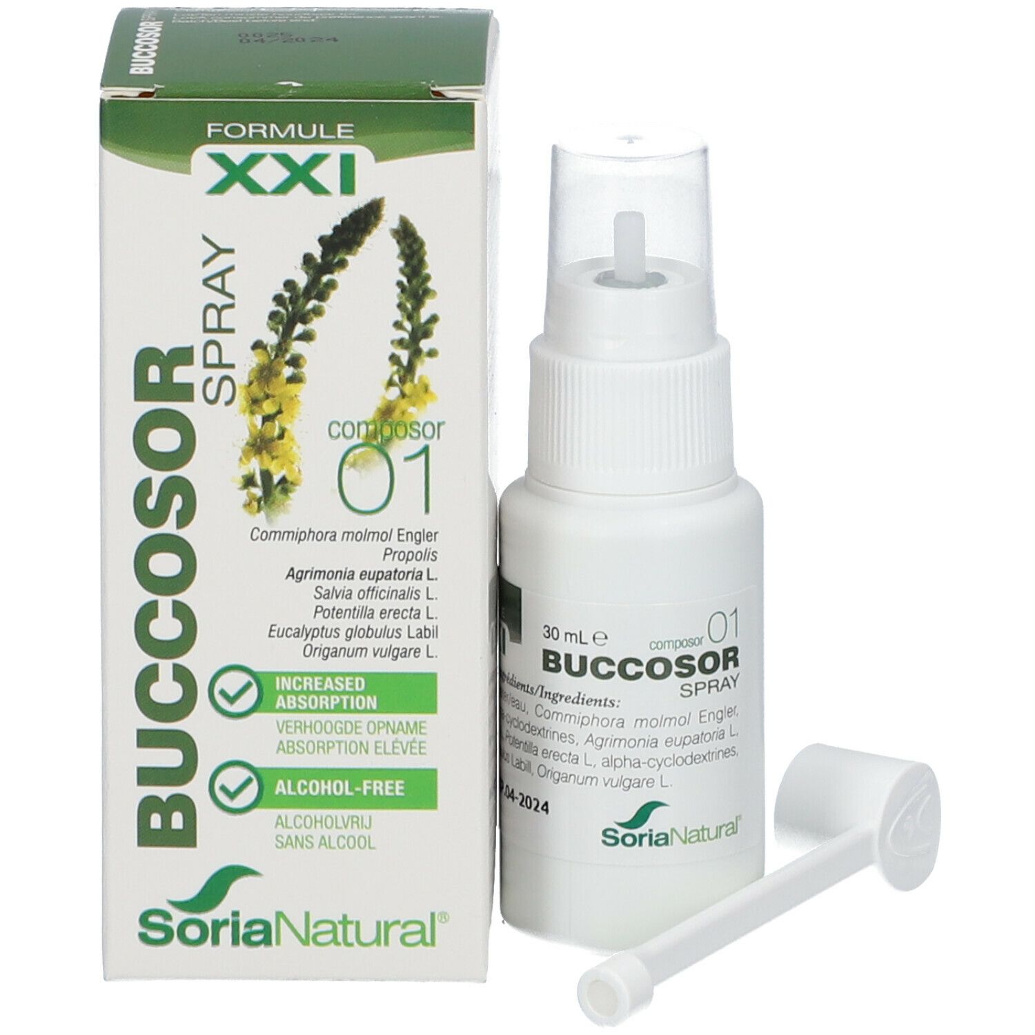 Emballage du produit et flacon spray. Inscription Buccosor Spray, Formule XXI. Avec embout buccal et applicateur. Marque Soria Natural.
