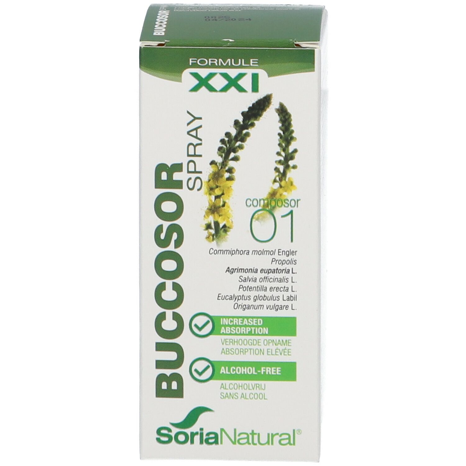 Emballage du produit. Inscription Buccosor Spray, Formule XXI. Avec illustrations de plantes. Marque Soria Natural.