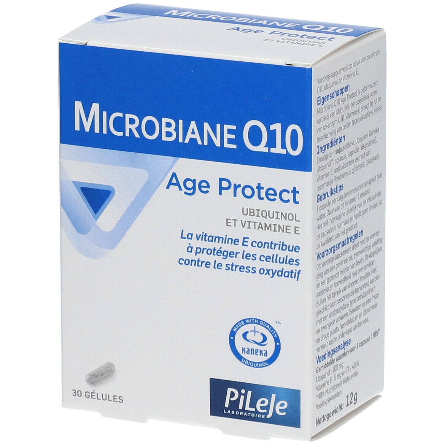 Witte doos met blauwe tekst. Opschrift: Microbiane Q10 Age Protect. Bevat 30 capsules. Logo: Kaneka Ubiquinol.