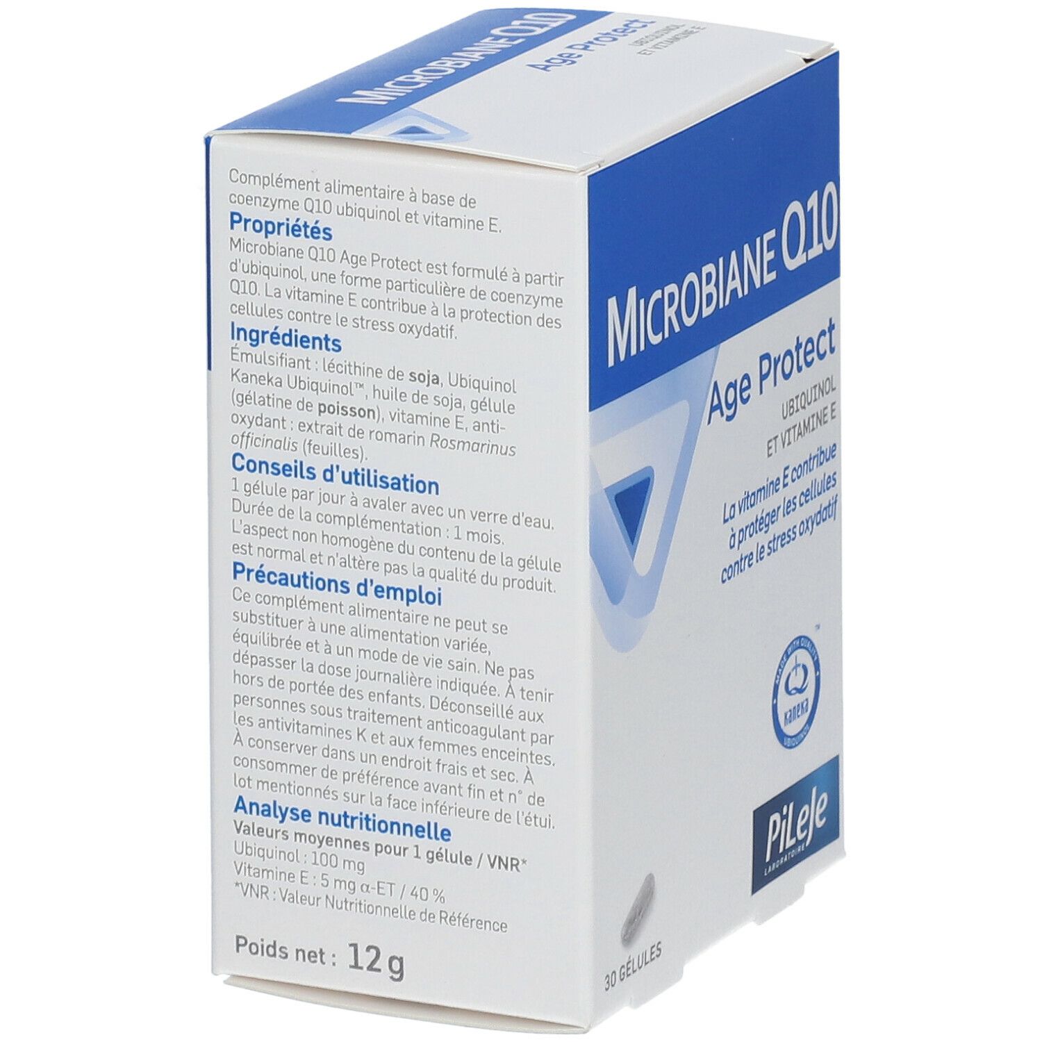 Witte doos met blauwe tekst. Opschrift: Microbiane Q10 Age Protect. Bevat 30 capsules. Logo: Kaneka Ubiquinol. Tekst op de zijkant.
