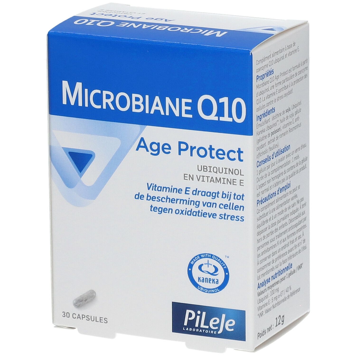 Witte doos met blauwe tekst. Opschrift: Microbiane Q10 Age Protect. Bevat 30 capsules. Logo: Kaneka Ubiquinol. Bovenaanzicht.