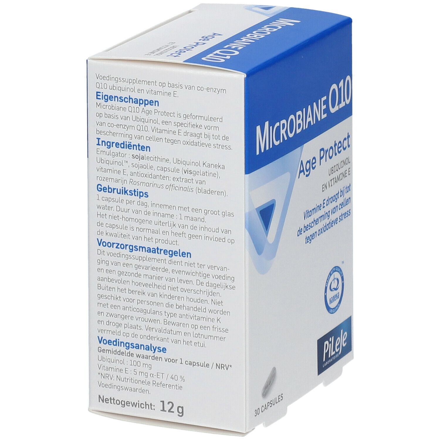 Witte doos met blauwe tekst. Opschrift: Microbiane Q10 Age Protect. Bevat 30 capsules. Logo: Kaneka Ubiquinol. Bovenaanzicht.