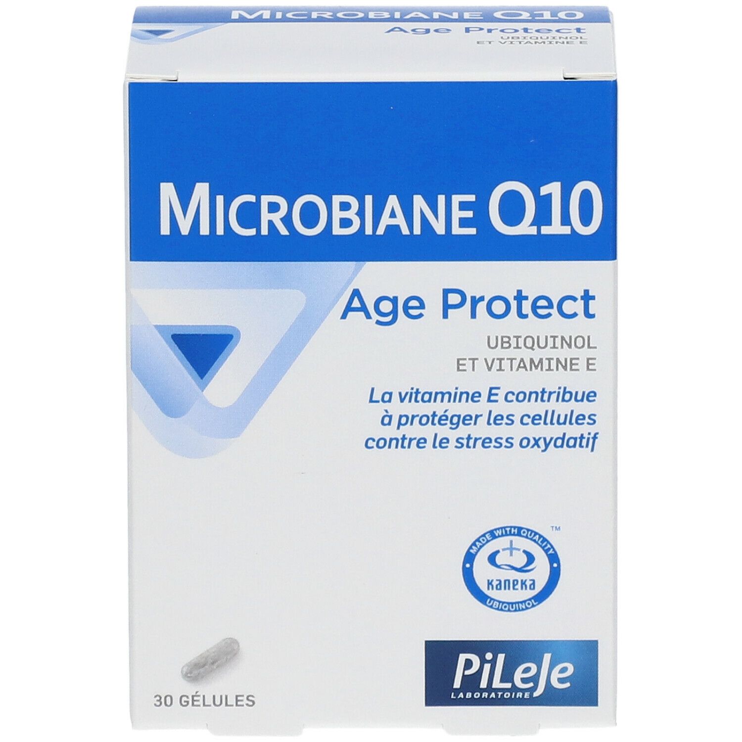 Witte doos met blauwe tekst. Opschrift: Microbiane Q10 Age Protect. Bevat 30 capsules. Logo: Kaneka Ubiquinol.