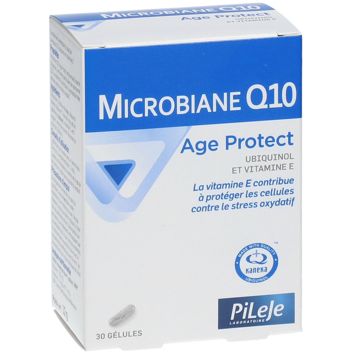 Witte doos met blauwe tekst. Opschrift: Microbiane Q10 Age Protect. Bevat 30 capsules. Logo: Kaneka Ubiquinol.