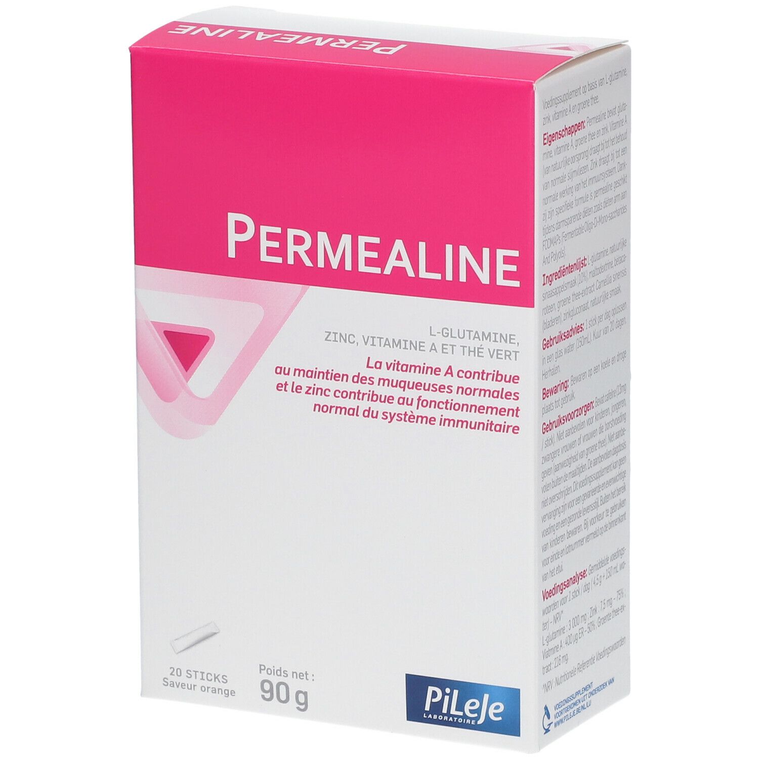 Permealine-verpakking. Roze en witte doos met productnaam en ingrediënten. 20 sticks, 90g, Pileje-logo.