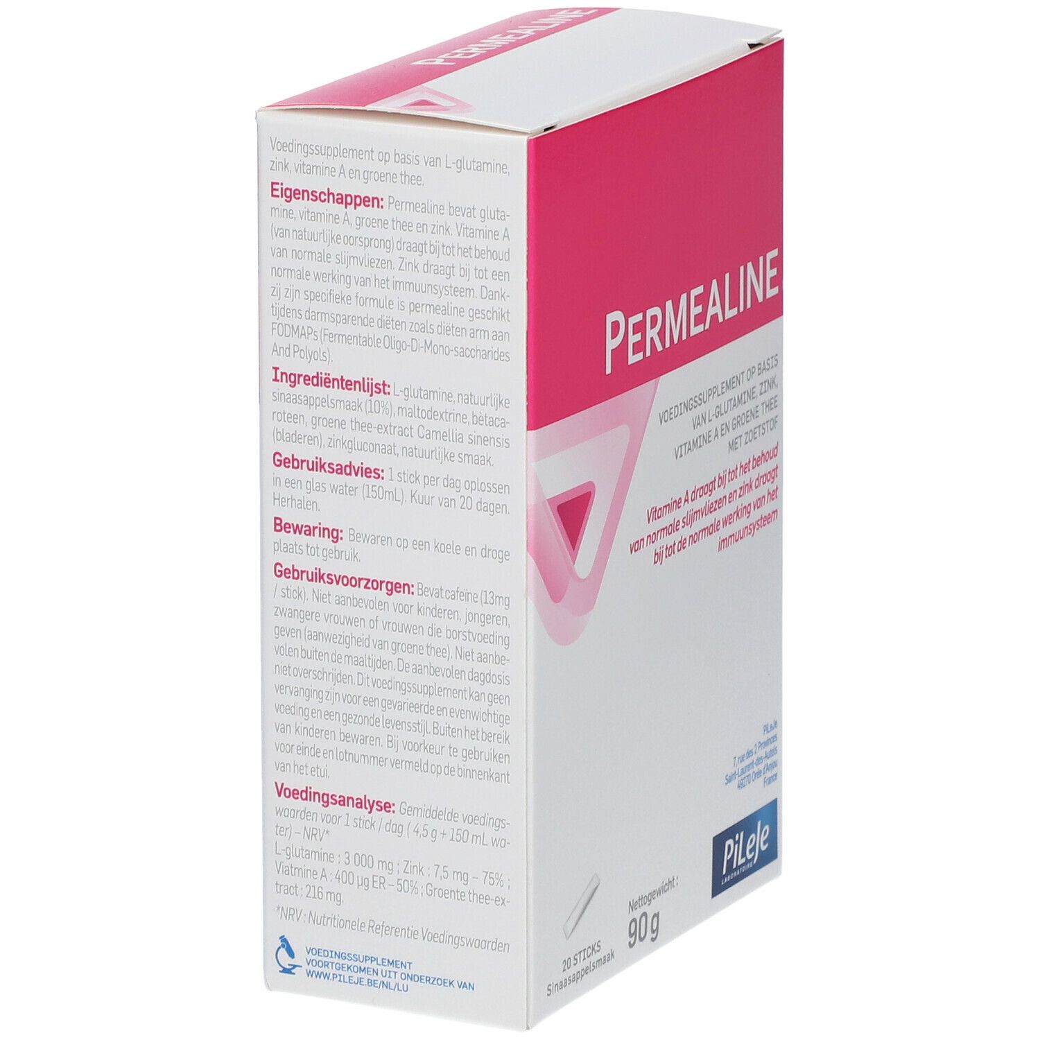 Permealine-verpakking, zijaanzicht. Roze en witte doos met tekst en logo. Bevat 20 sticks, 90g, Pileje-logo.