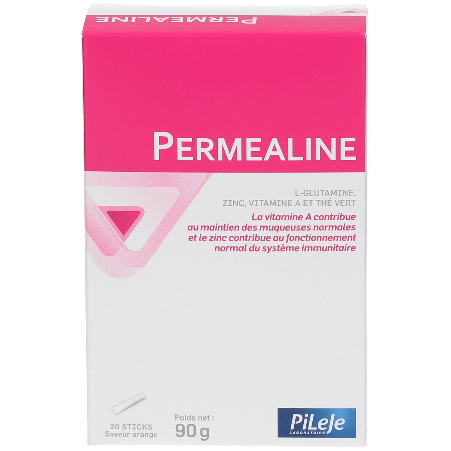 Permealine-verpakking. Roze en witte doos met productnaam en ingrediënten. 20 sticks, 90g, Pileje-logo.