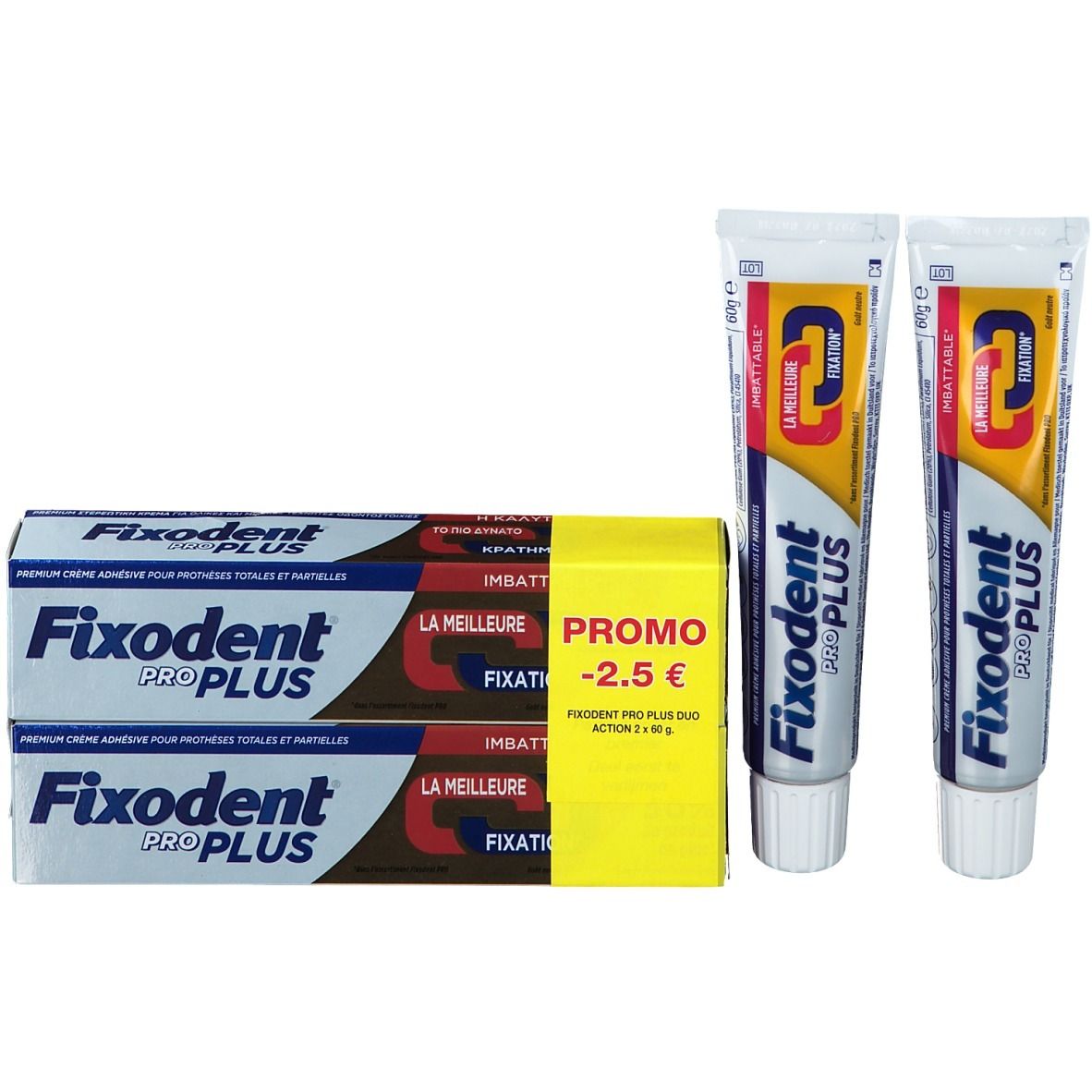 Fixodent Pro Plus Duo Action kleefcrème, twee tubes en een gele promotieverpakking. Productnaam en logo duidelijk zichtbaar.