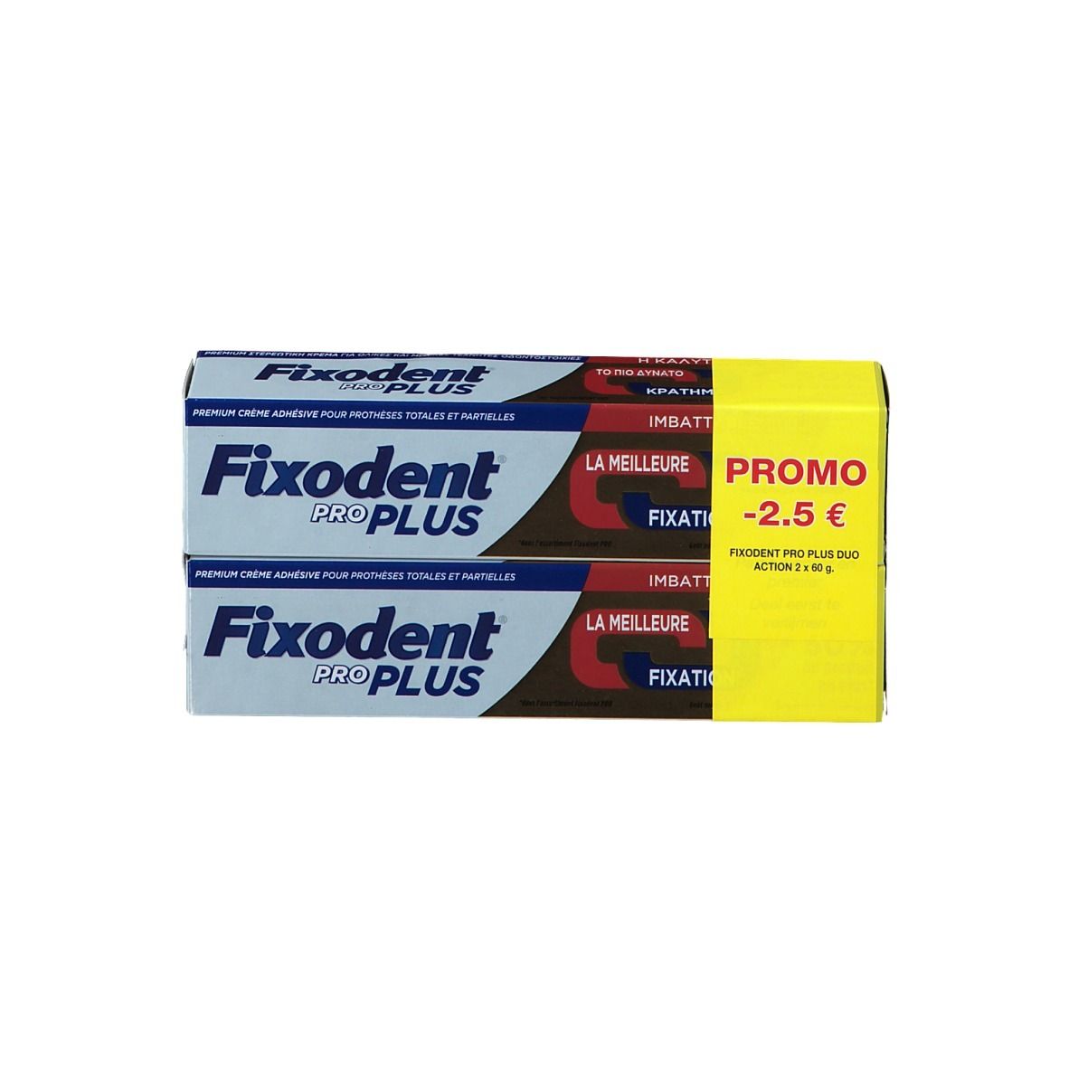 Twee verpakkingen Fixodent Pro Plus kleefcrème in een doos. Gele promo-doos met tekst. Productnaam en logo zichtbaar.