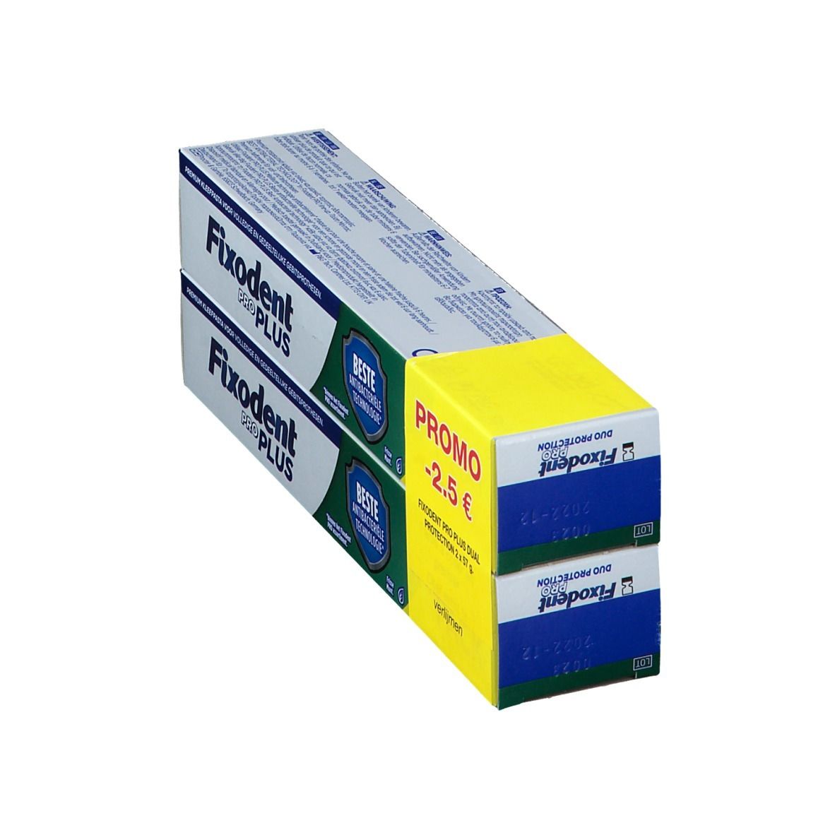 Twee verpakkingen Fixodent Pro Plus. Blauw en witte verpakking met gele promo sticker. Tekst: "PROMO -2.5 €".