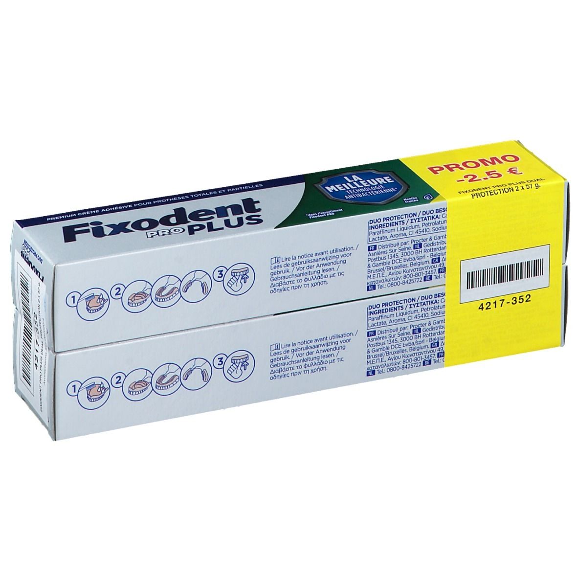 Twee verpakkingen Fixodent Pro Plus. Blauw en witte verpakking met gele promo sticker. Tekst: "PROMO -2.5 €".