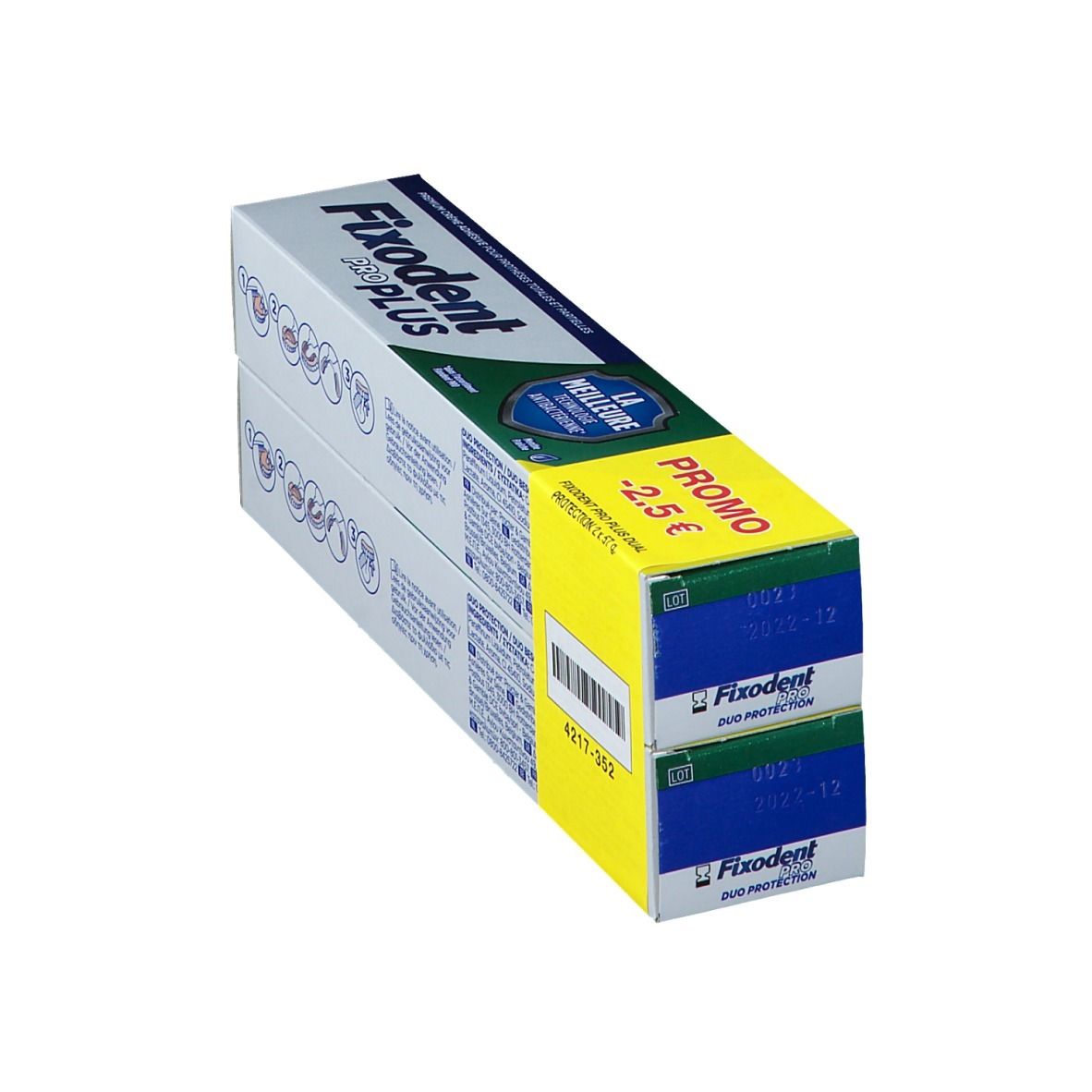 Twee verpakkingen Fixodent Pro Plus. Blauw en witte verpakking met gele promo sticker. Tekst: "PROMO -2.5 €".