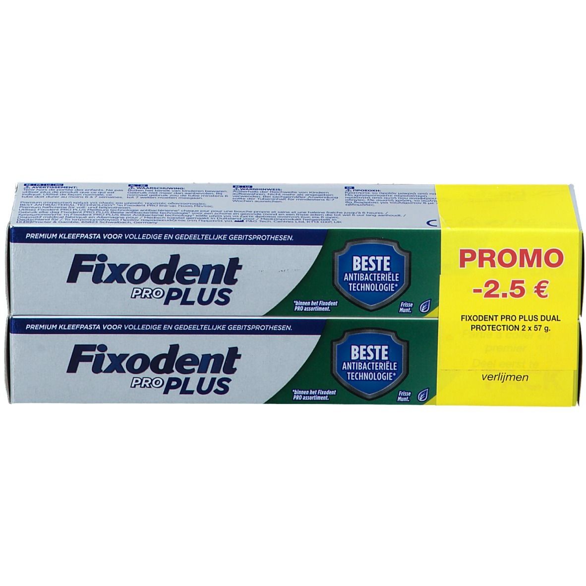 Twee verpakkingen Fixodent Pro Plus. Blauw en witte verpakking met gele promo sticker. Tekst: "PROMO -2.5 €".