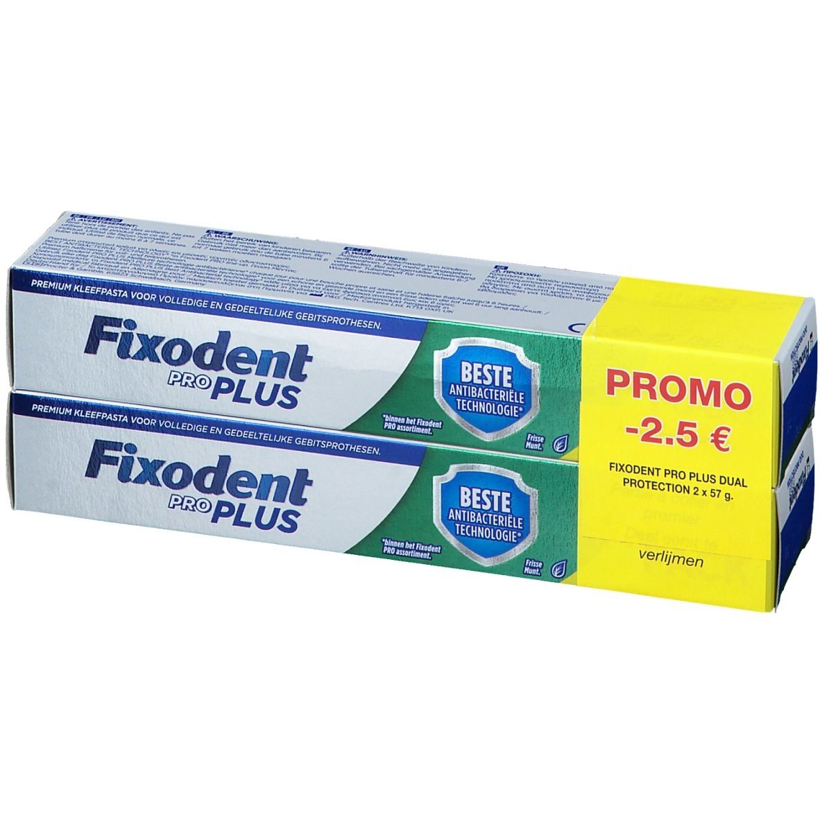 Twee verpakkingen Fixodent Pro Plus. Blauw en witte verpakking met gele promo sticker. Tekst: "PROMO -2.5 €".