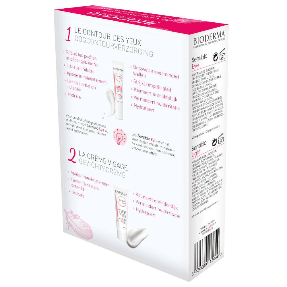 Dos du coffret BIODERMA Sensibio. Informations produit et exemples d'utilisation. Texte multilingue.