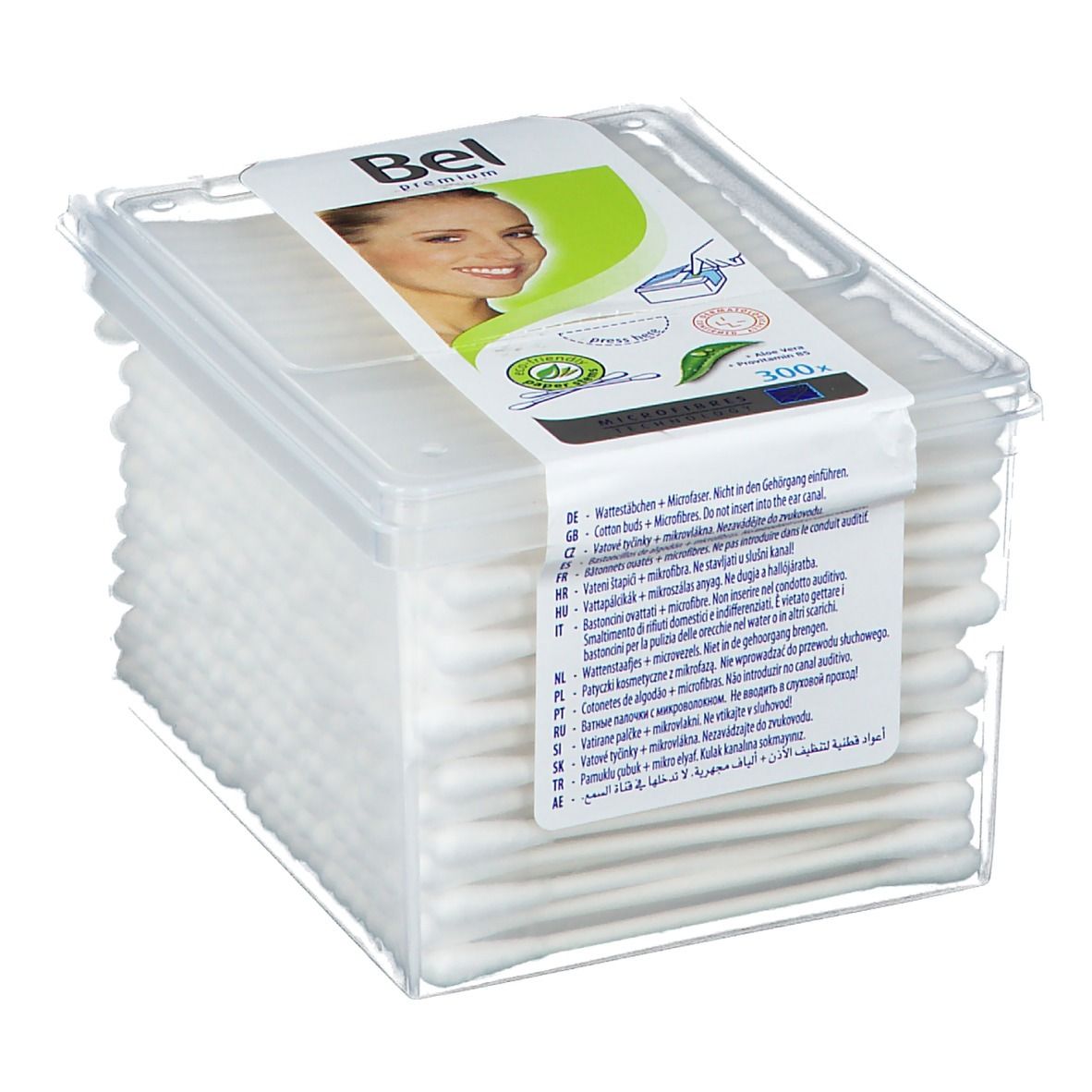 Wattenstaafjes in transparante doos. Etiket met productnaam en vrouwengezicht. 300 stuks.