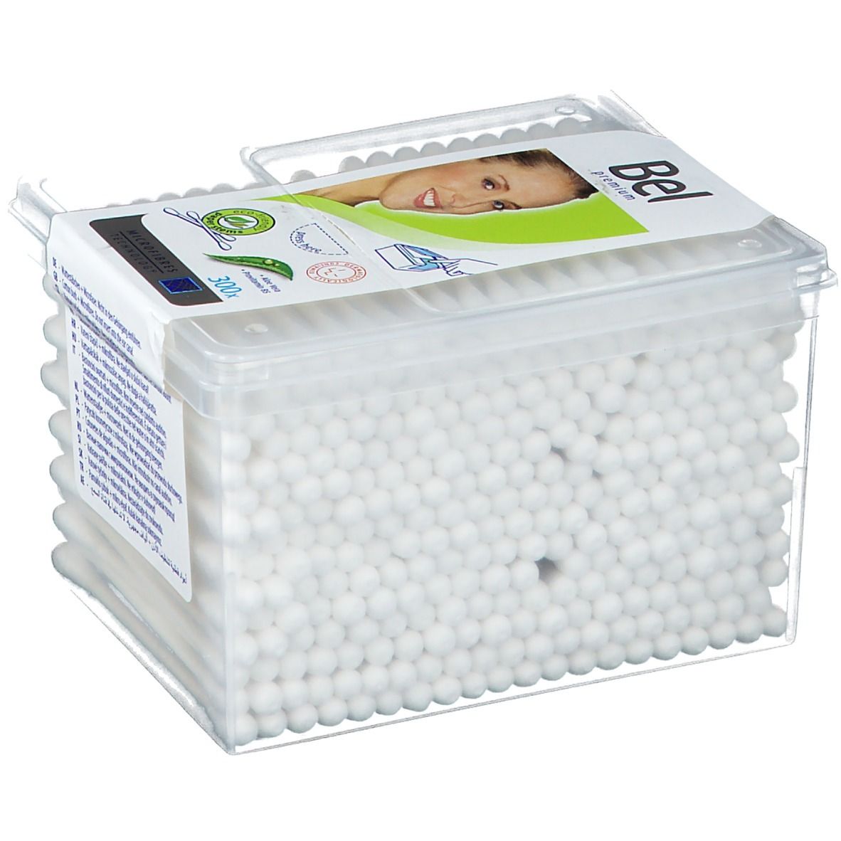 Wattenstaafjes in transparante doos. Etiket met productnaam en vrouwengezicht. 300 stuks.