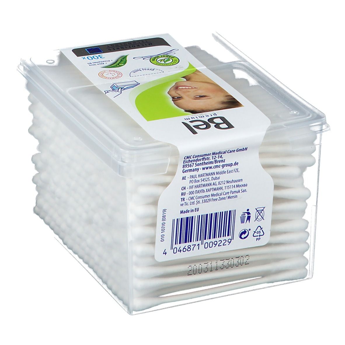 Wattenstaafjes in transparante doos. Etiket met productnaam en gezicht. 300 stuks. Streepjescode.