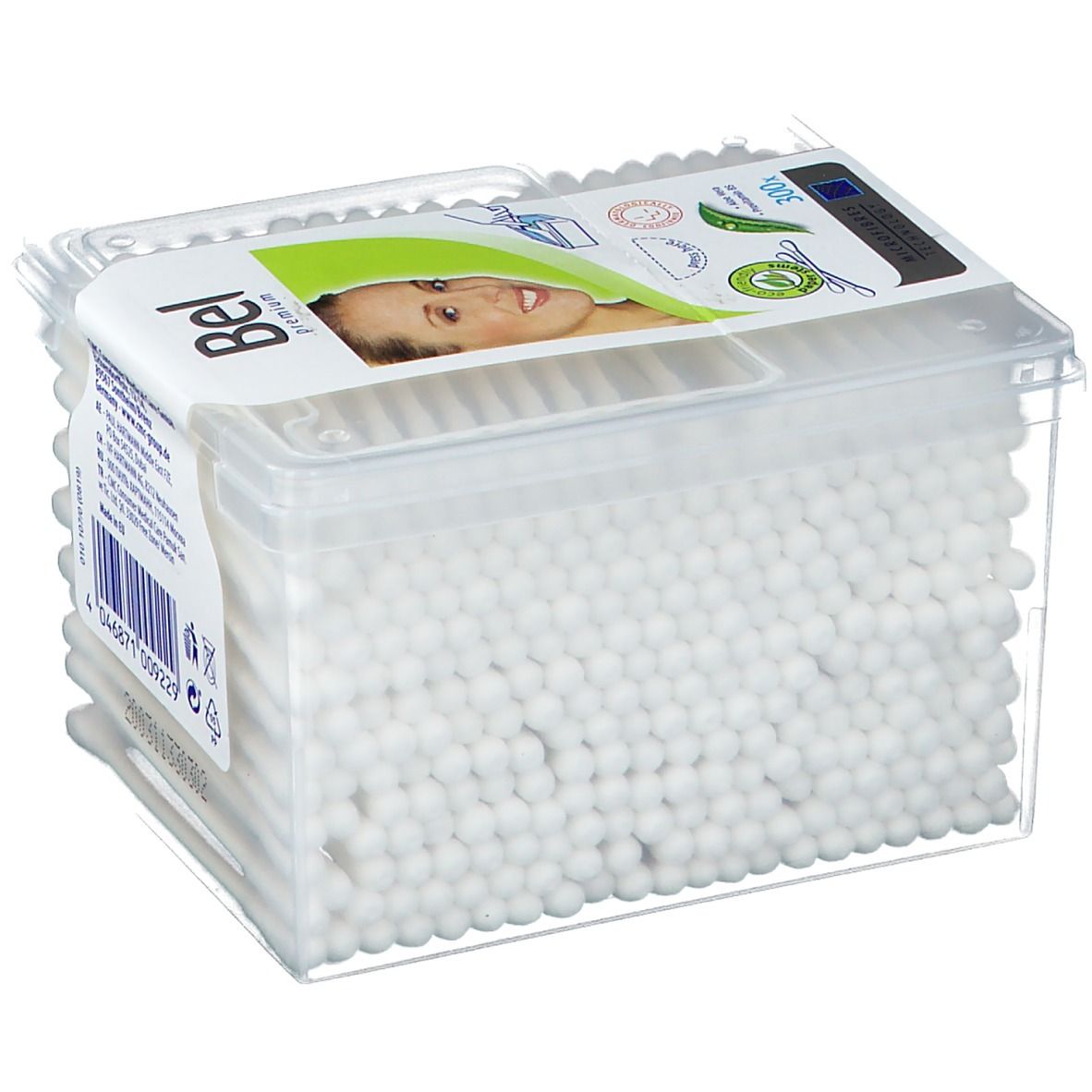 Wattenstaafjes in transparante doos. Etiket met productnaam en vrouwengezicht. 300 stuks.