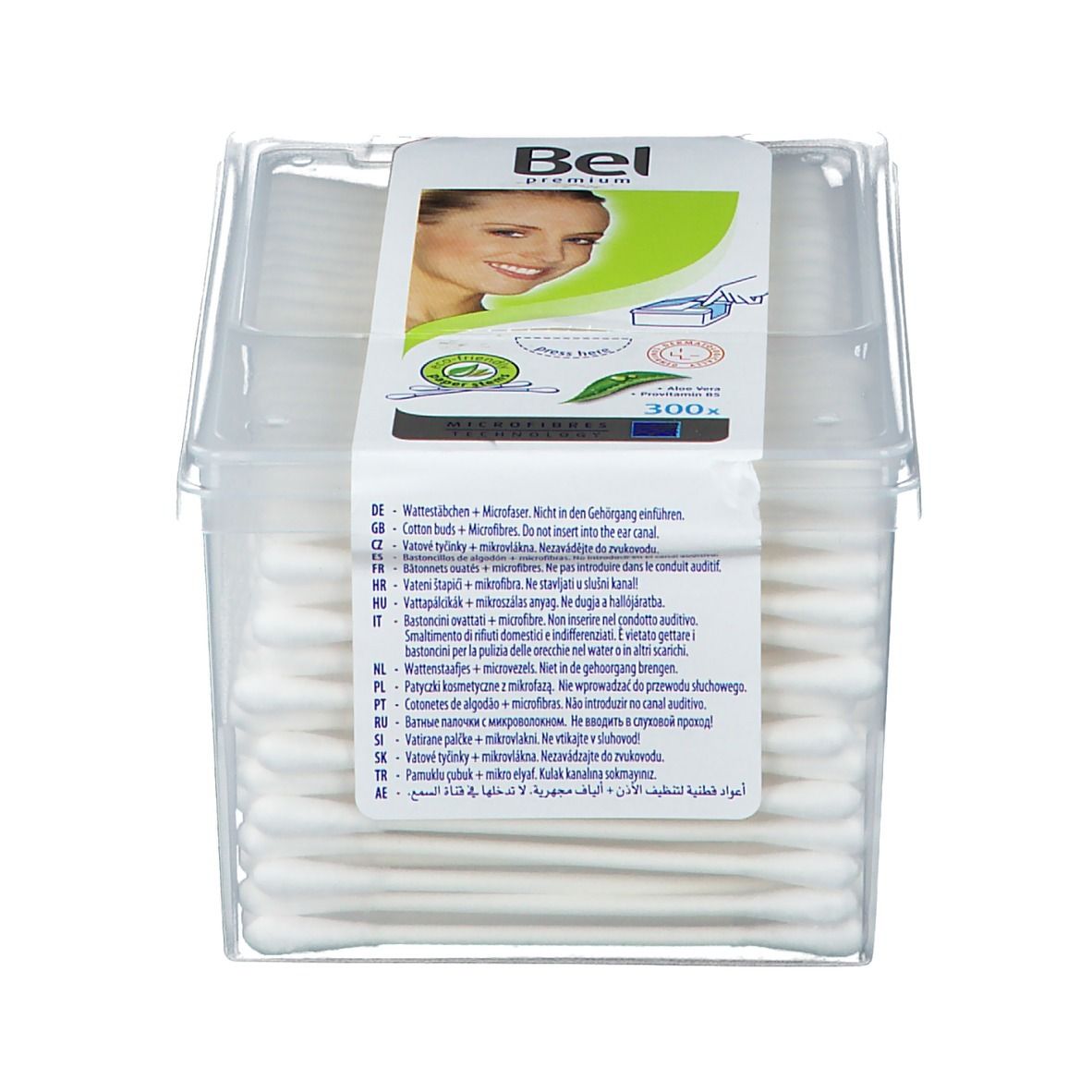 Wattenstaafjes in transparante doos. Etiket met productnaam en vrouwengezicht. 300 stuks.