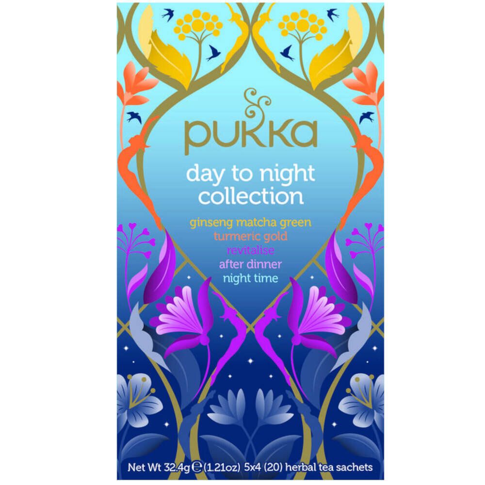 Boîte Pukka Day to Night Collection. Inscriptions : ginseng, matcha, curcuma, après dîner, nuit. Motif floral.