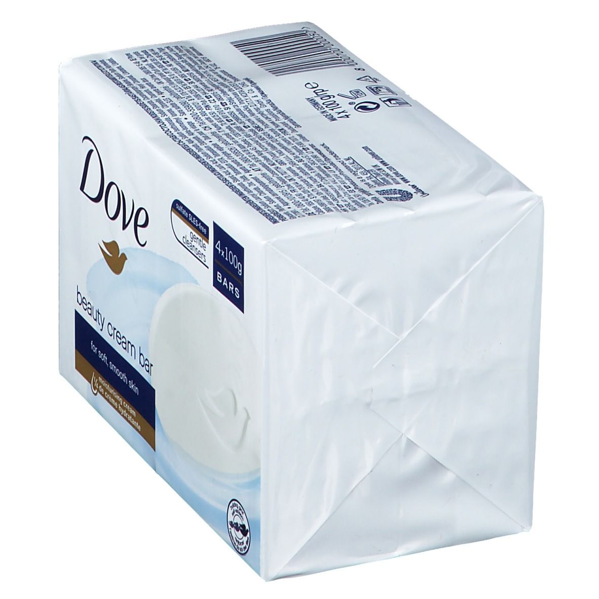 Verpackung mit vier Dove Beauty Cream Bars. Weißes Papier, Dove-Logo, Produktname und Bar-Form sichtbar.