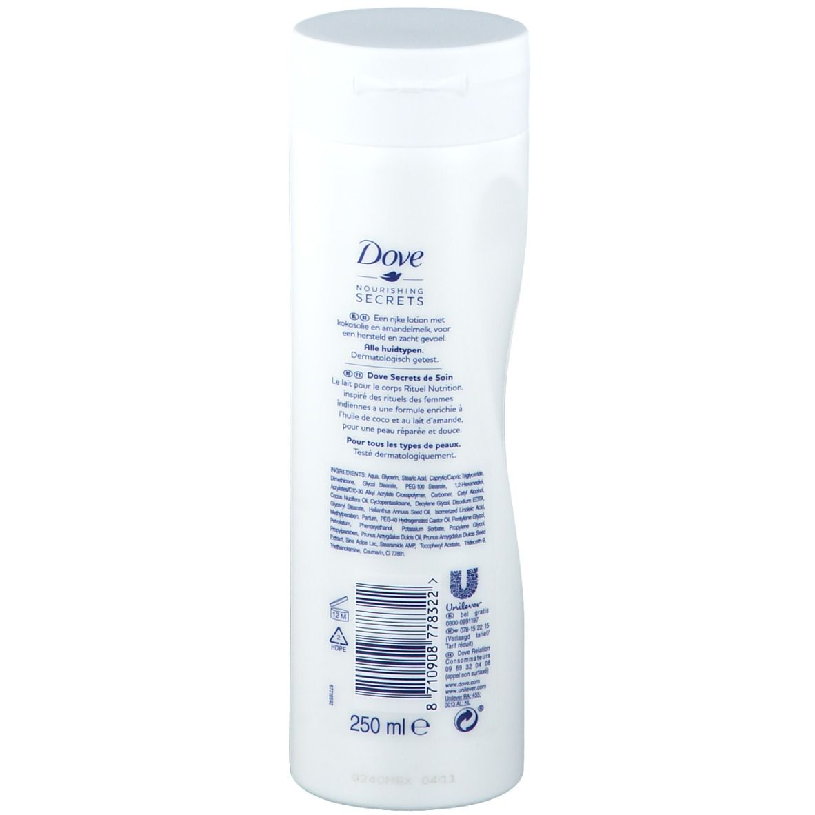 Witte fles met klapdeksel. Opschrift Dove Nourishing Secrets. Tekst in meerdere talen. 250 ml.