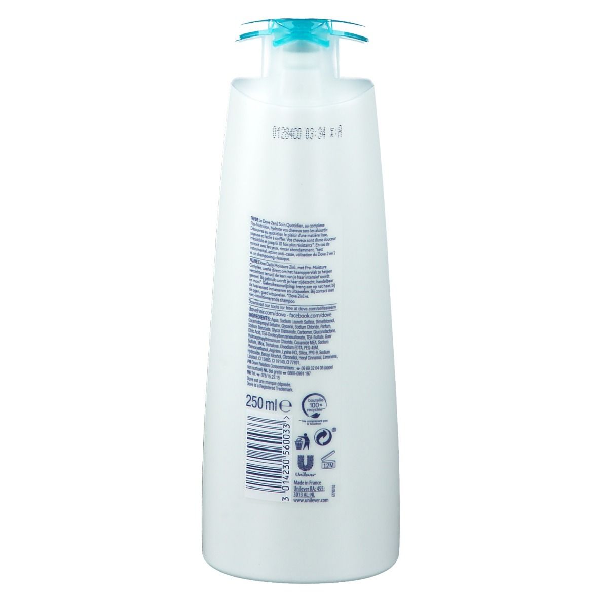Weiße Shampoo-Flasche mit blauem Verschluss. Aufschrift und Barcode auf der Rückseite. 250 ml.