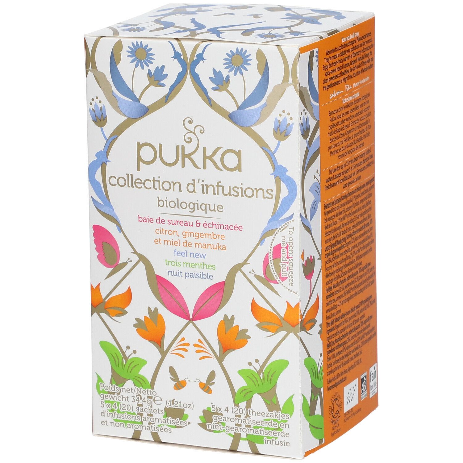 Boîte en carton Pukka, Collection d'infusions biologique. Motifs floraux. Ingrédients : sureau, citron, gingembre, miel de Manuka.