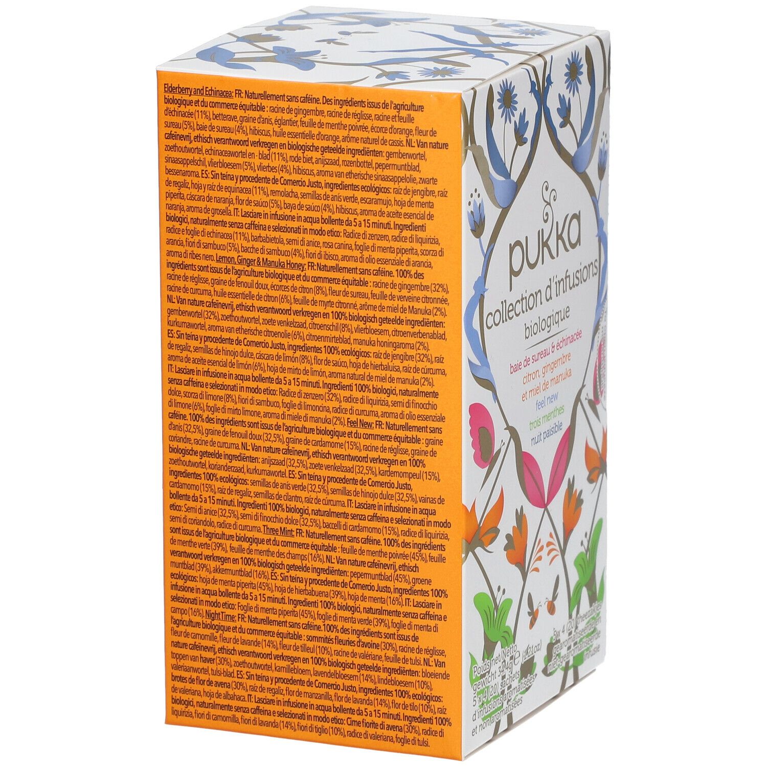 Dos de la boîte en carton. Texte multilingue. Informations sur les ingrédients et les certifications.