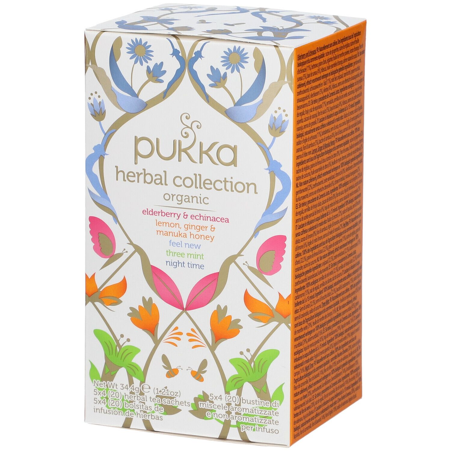 Boîte en carton Pukka, herbal collection organic. Motifs floraux. Ingrédients : sureau, citron, gingembre, miel de Manuka.