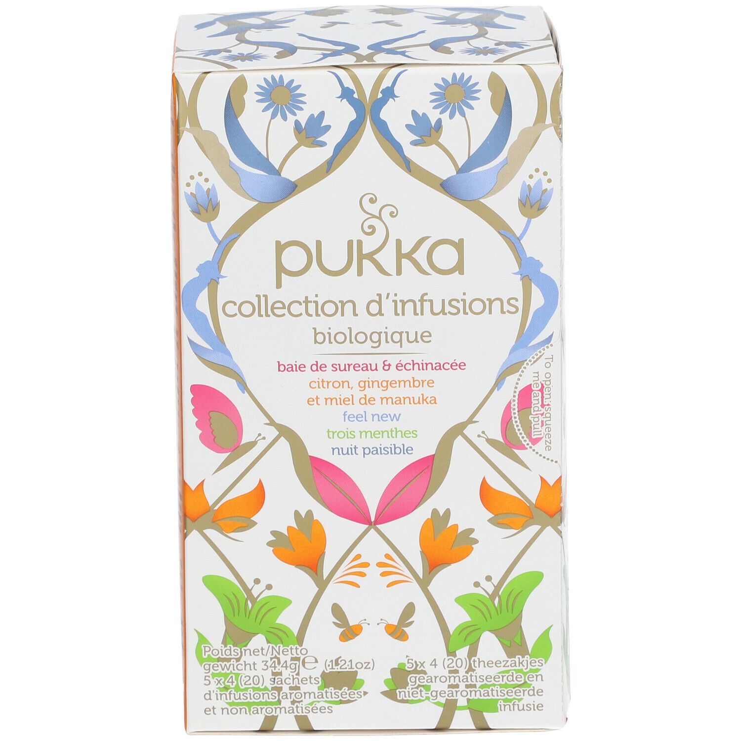 Boîte en carton Pukka, Collection d'infusions biologique. Motifs floraux. Ingrédients : sureau, citron, gingembre, miel de Manuka.
