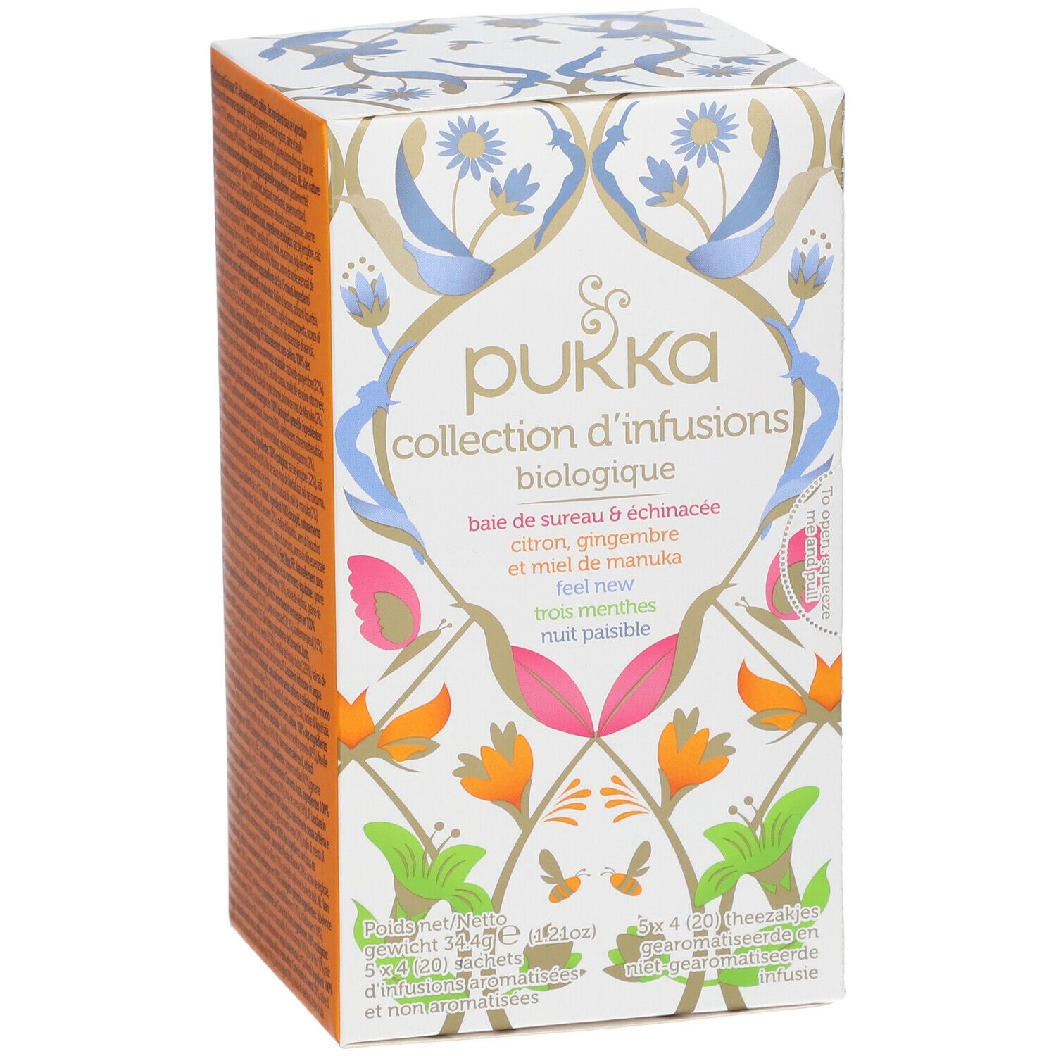 Boîte en carton Pukka, Collection d'infusions biologique. Motifs floraux. Ingrédients : sureau, citron, gingembre, miel de Manuka.