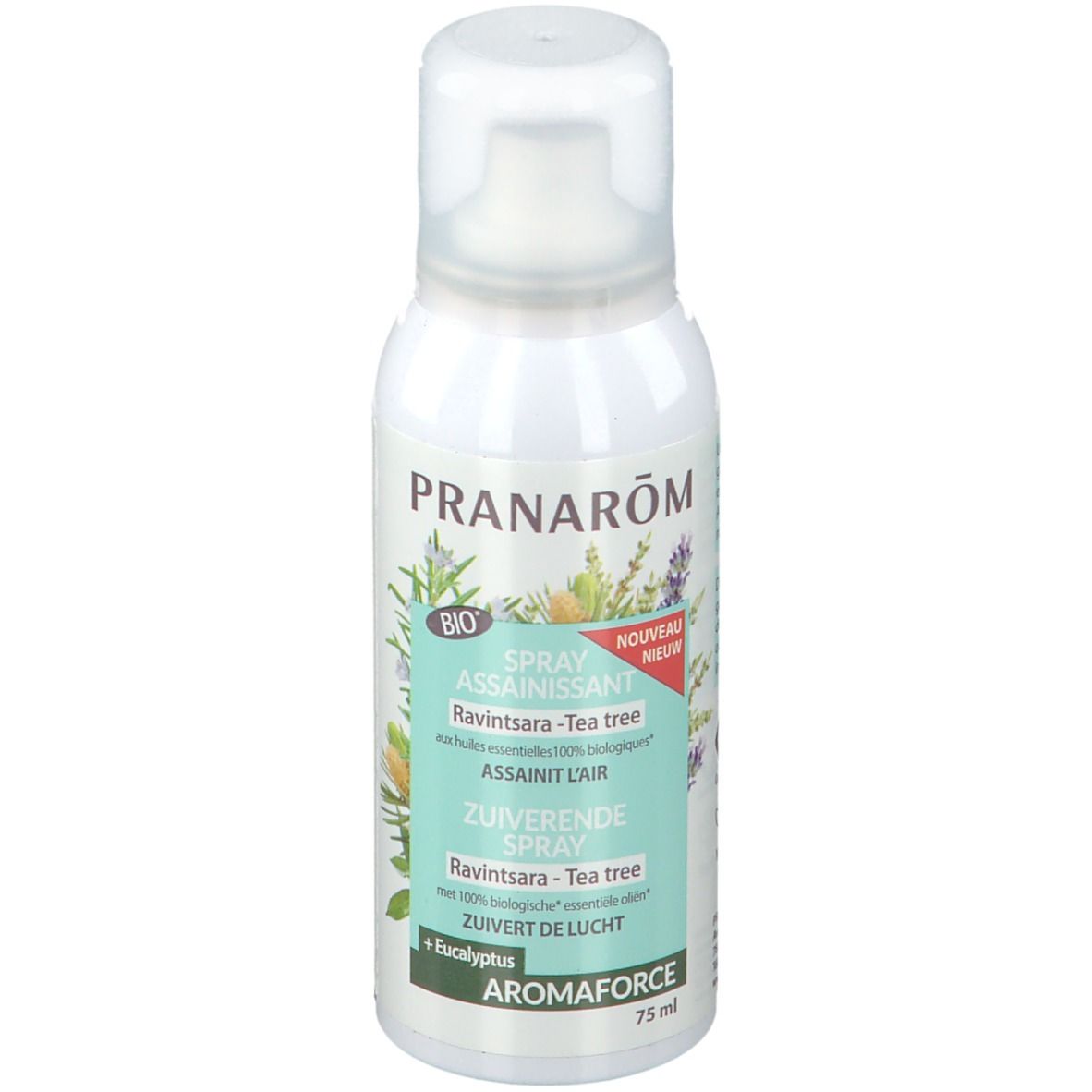 Flacon spray blanc. Inscriptions: Pranarôm, Spray assainissant, Ravintsara-Tea tree, Aromaforce, Bio.