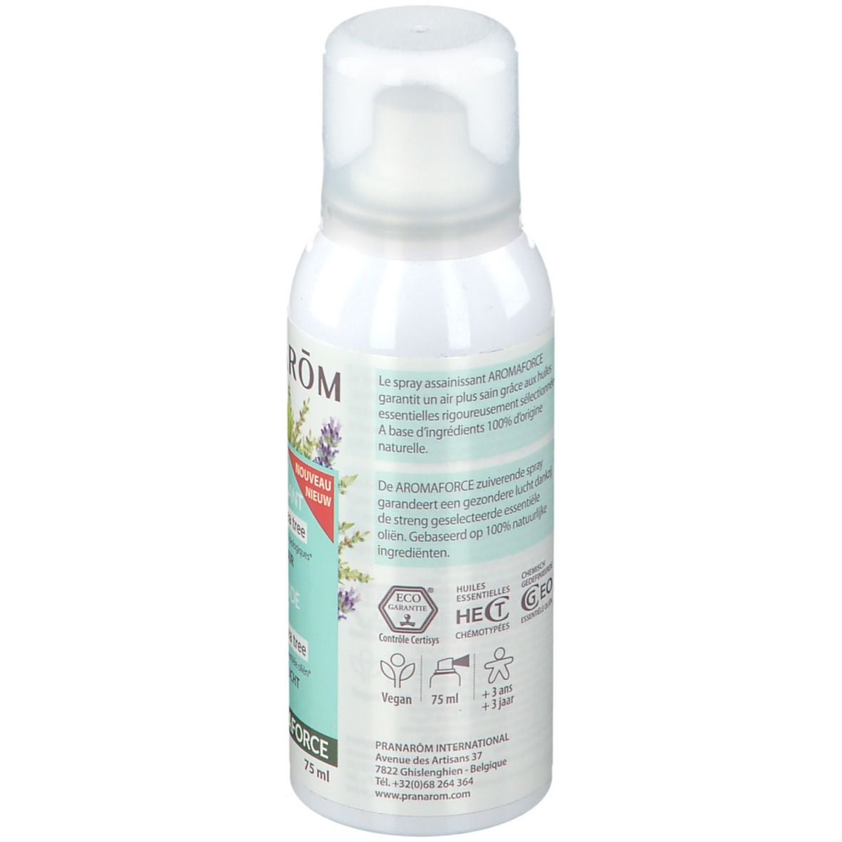 Dos du flacon spray blanc. Texte: Aromaforce, garantit air pur, 100% ingrédients naturels. Logos.