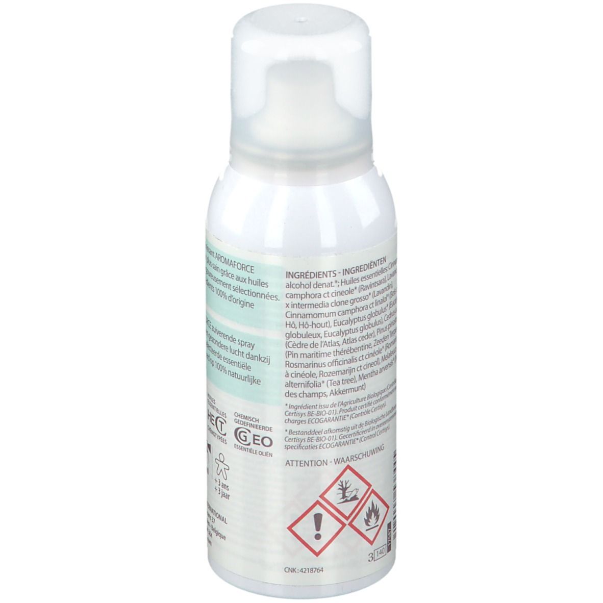 Dos du flacon spray blanc. Liste des ingrédients. Avertissements et logos.