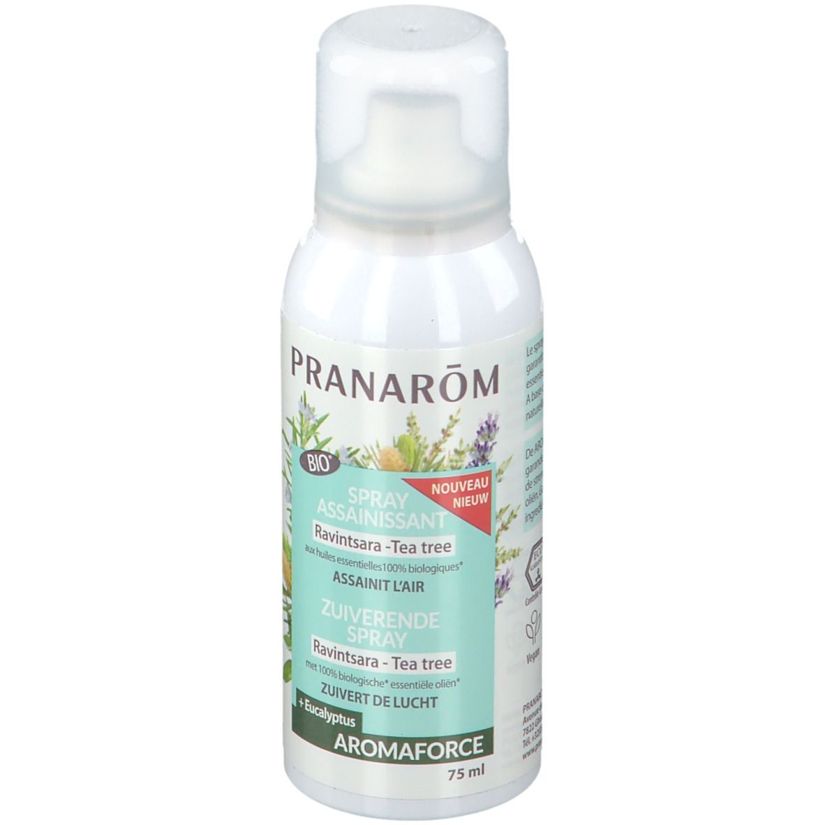 Flacon spray blanc. Inscriptions: Pranarôm, Spray assainissant, Ravintsara-Tea tree, Aromaforce, Bio.