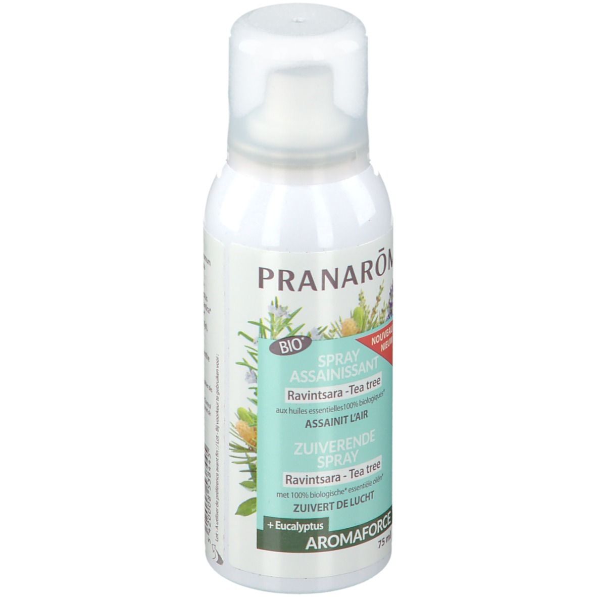 Flacon spray blanc. Inscriptions: Pranarôm, Spray assainissant, Ravintsara-Tea tree, Aromaforce, Bio.