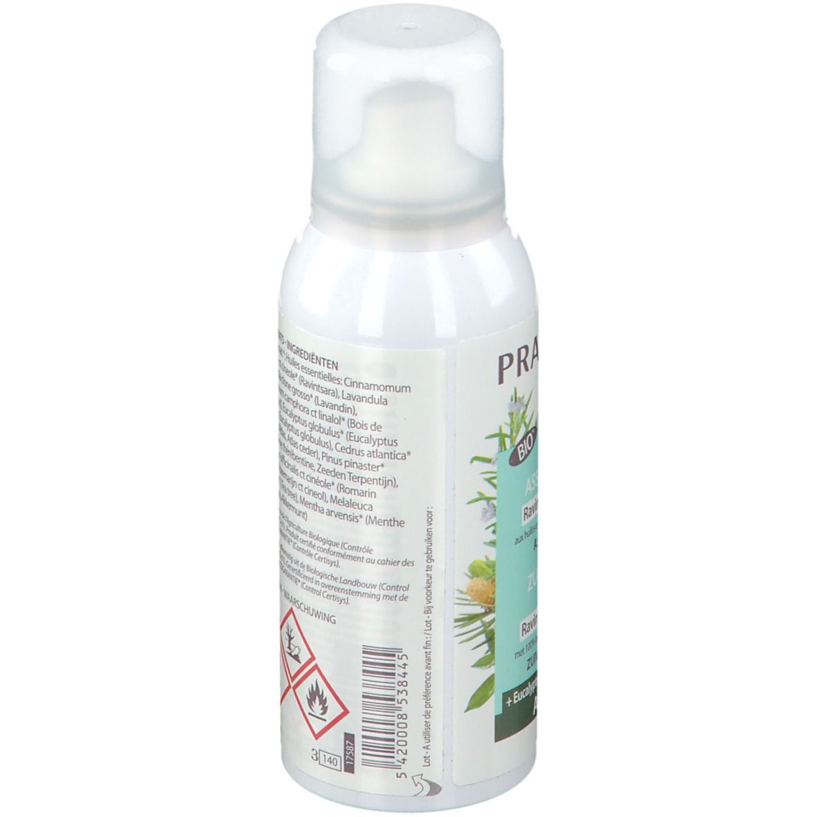Dos du flacon spray blanc. Liste des ingrédients. Avertissements et logos.