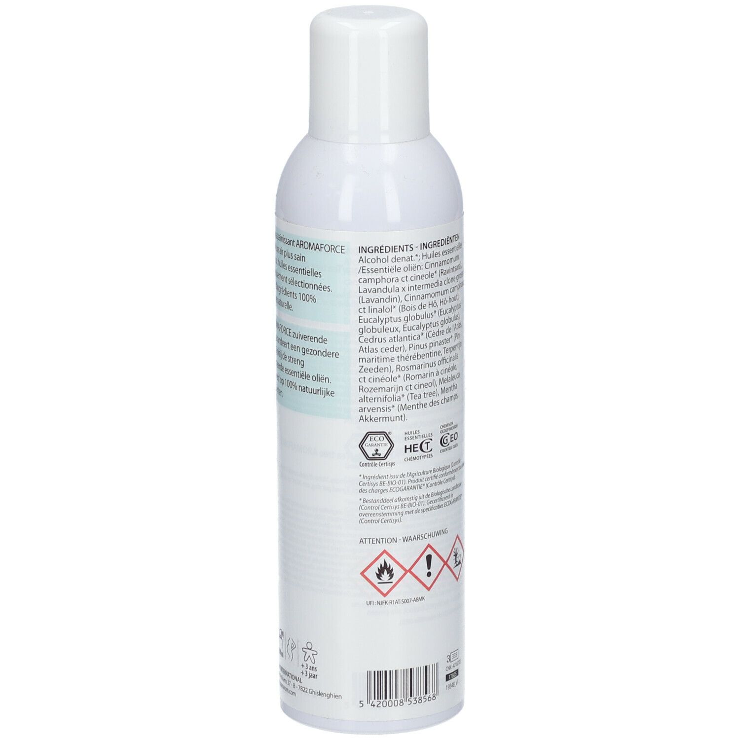 Witte spray. Achterkant met ingrediënten, waarschuwingen en certificeringen. Tekst in het Duits en Frans.