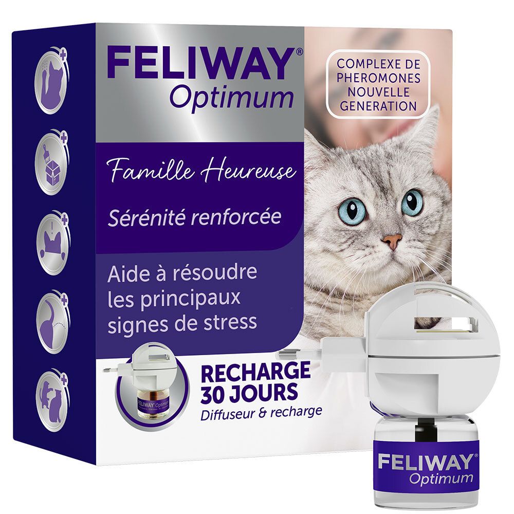 Feliway Optimum, boîte avec diffuseur, flacon et chat. Texte: Happy Family, 30 jours.