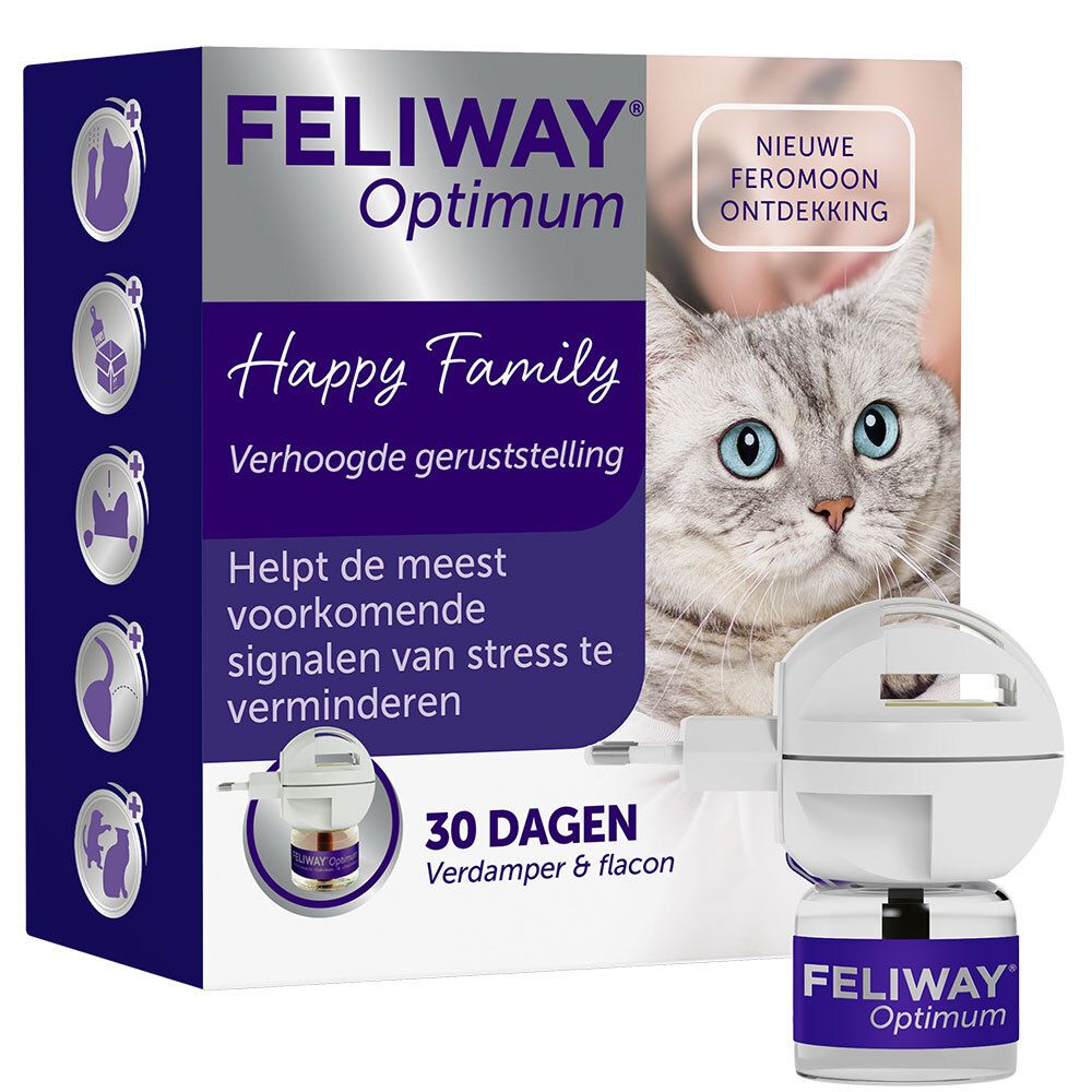Feliway Optimum, diffuser en flacon. Tekst: 30 dagen. Productweergave.
