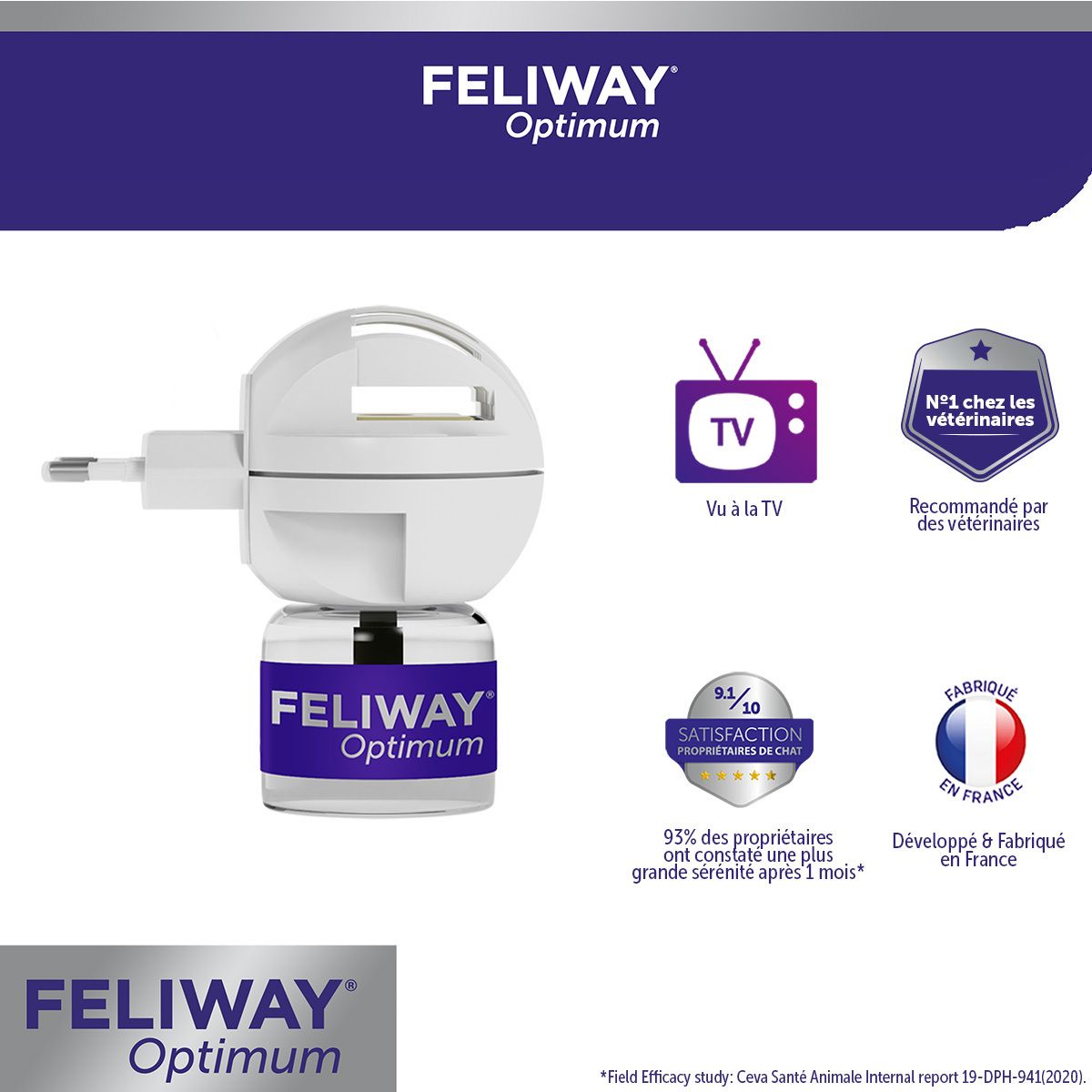 Feliway Optimum, gros plan du diffuseur et du flacon. Texte: 30 jours.