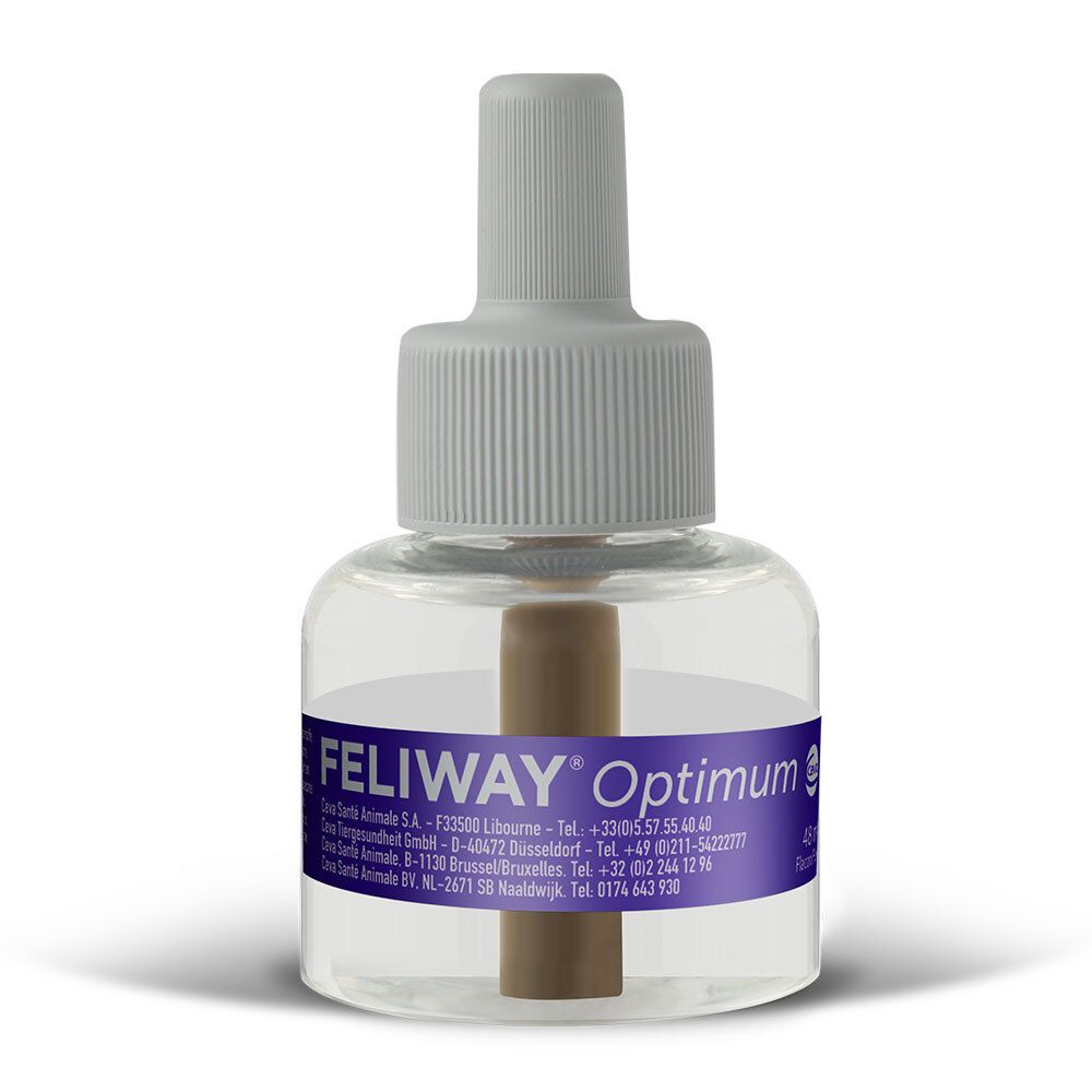 Recharge FELIWAY® Optimum. Liquide transparent, bouchon gris.