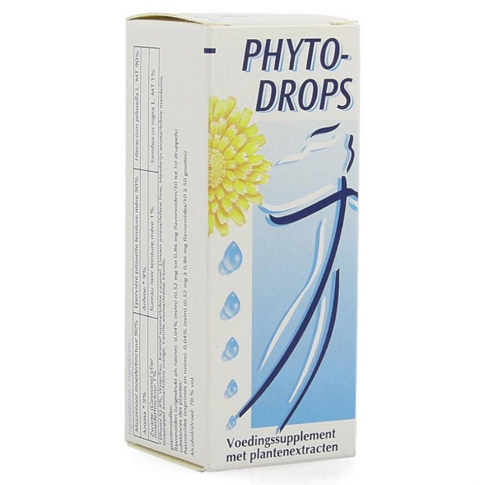 Kartonnen verpakking met "PHYTO-DROPS" logo, gele bloem en blauwe druppels. Ingrediëntenlijst.